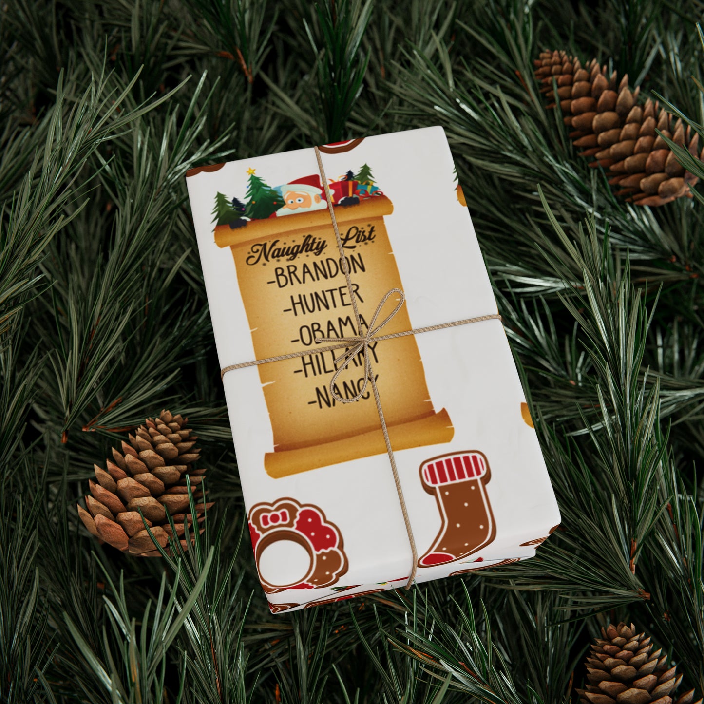 Great Funny Trump Wrapping Paper for Gifts - Pro Trump Naughty List Gingerbread Christmas Gift Wrap
