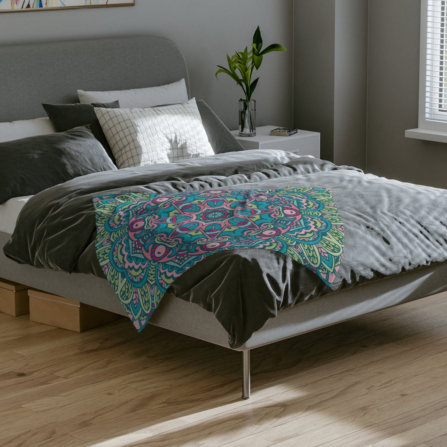 Glimmery Green Blue Purple Mandala Throw Sofa Bed Blanket - Soft Thick Velveteen Minky Throw Blanket