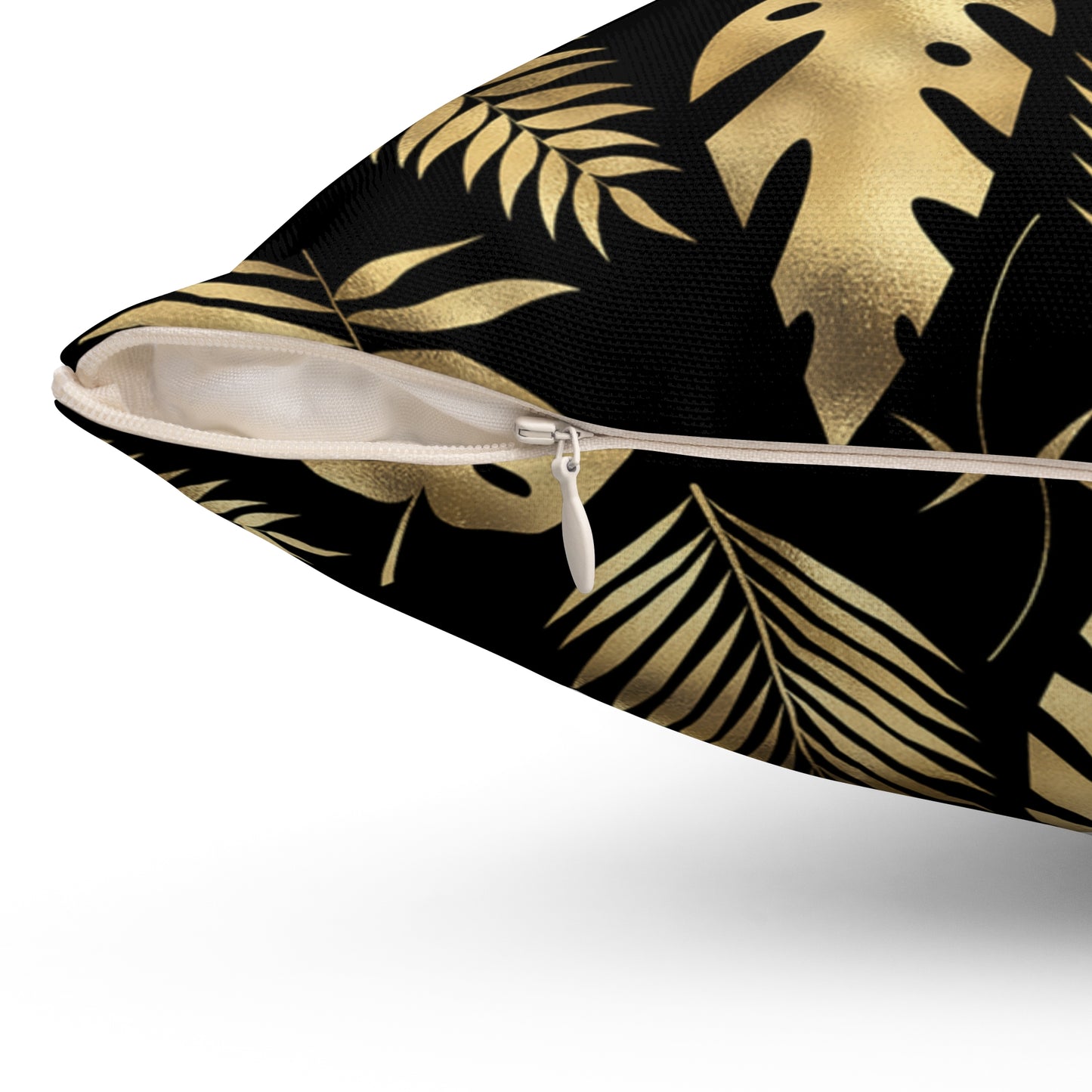 Gorgeous Print Black Gold Monstera Fern Leaves Spun Polyester Square Pillow