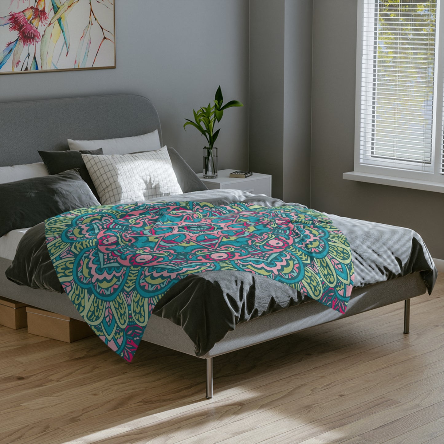 Glimmery Green Blue Purple Mandala Throw Sofa Bed Blanket - Soft Thick Velveteen Minky Throw Blanket