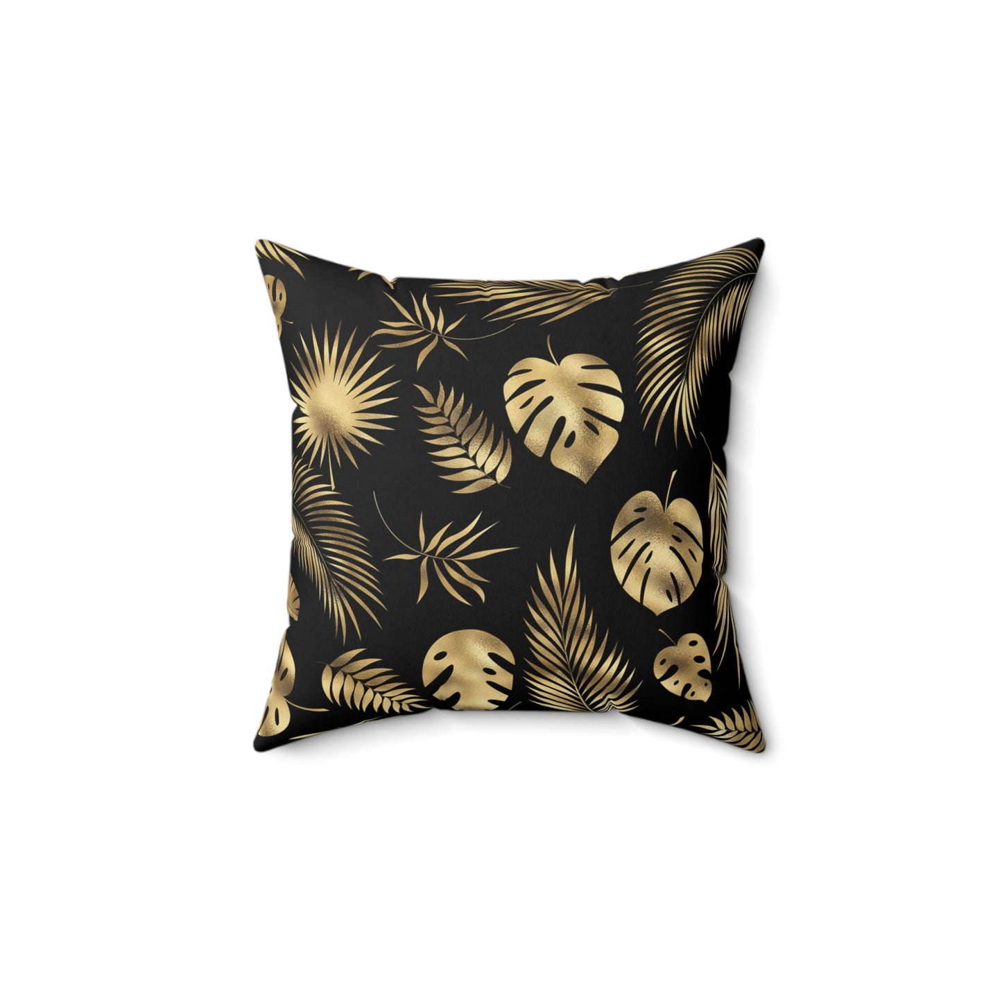 Gorgeous Print Black Gold Monstera Fern Leaves Spun Polyester Square Pillow