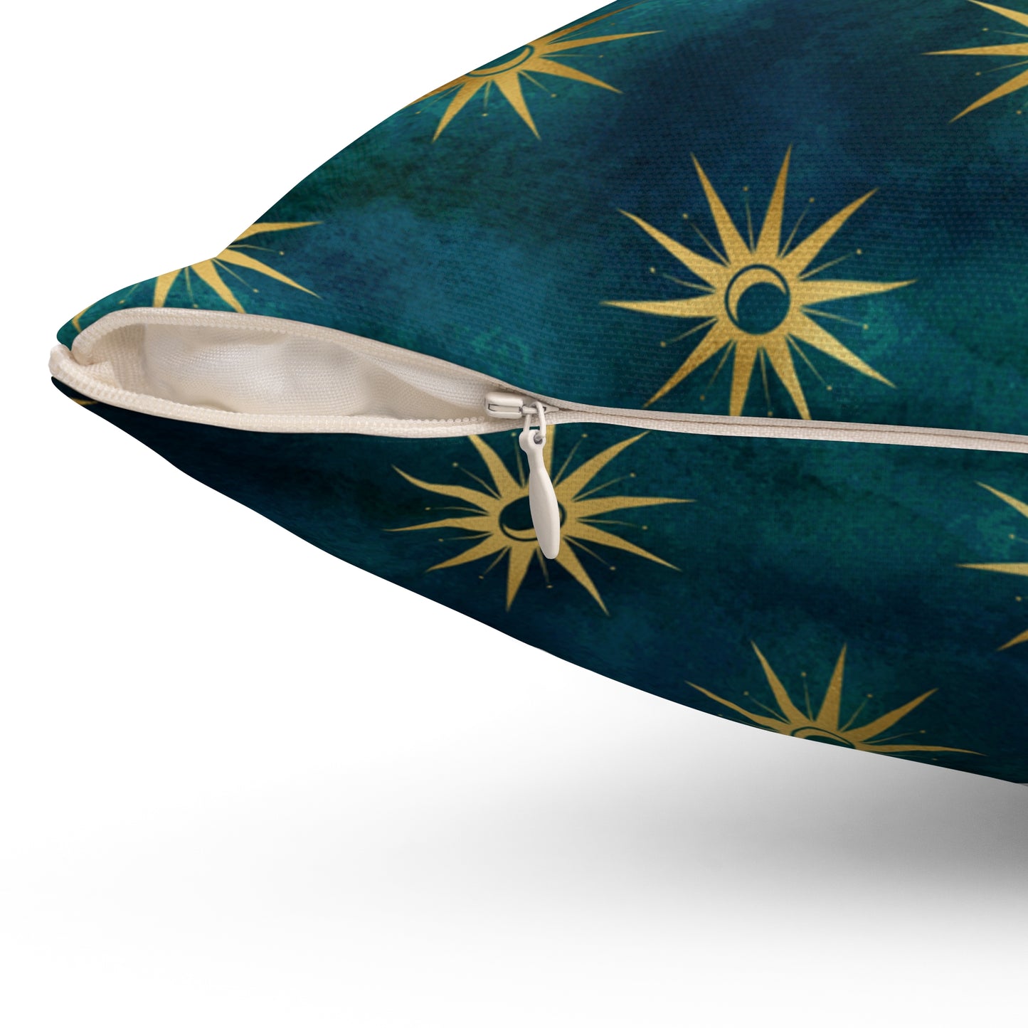 Fantasy Space Blue Teal Green Gold Moon Sun Print Spun Polyester Square Pillow