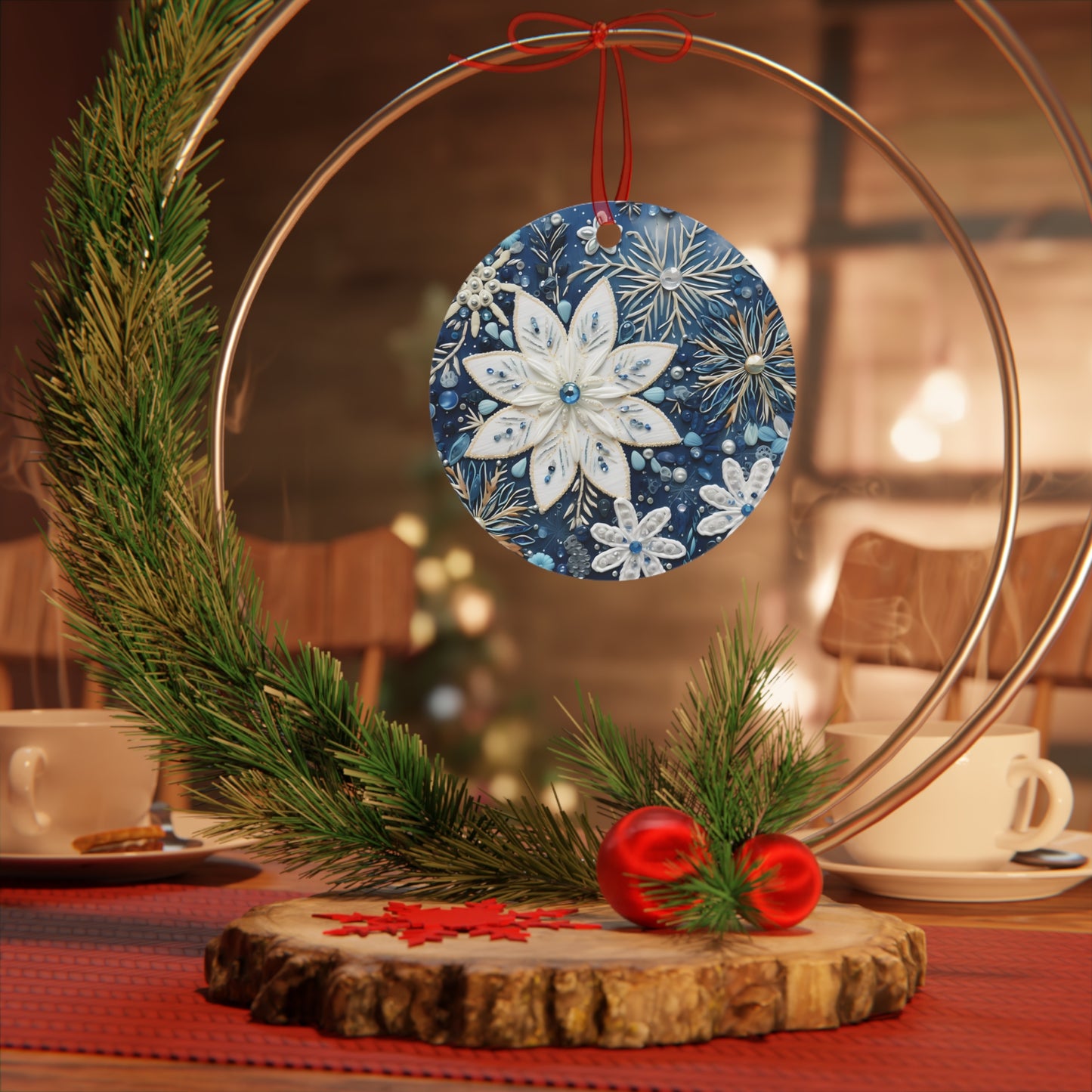 Blue Christmas Floral Style Ornament Lightweight Shaterproof Metal Ornaments Christmas Ornament Exchange Decoration Colorful Blue Snowflake