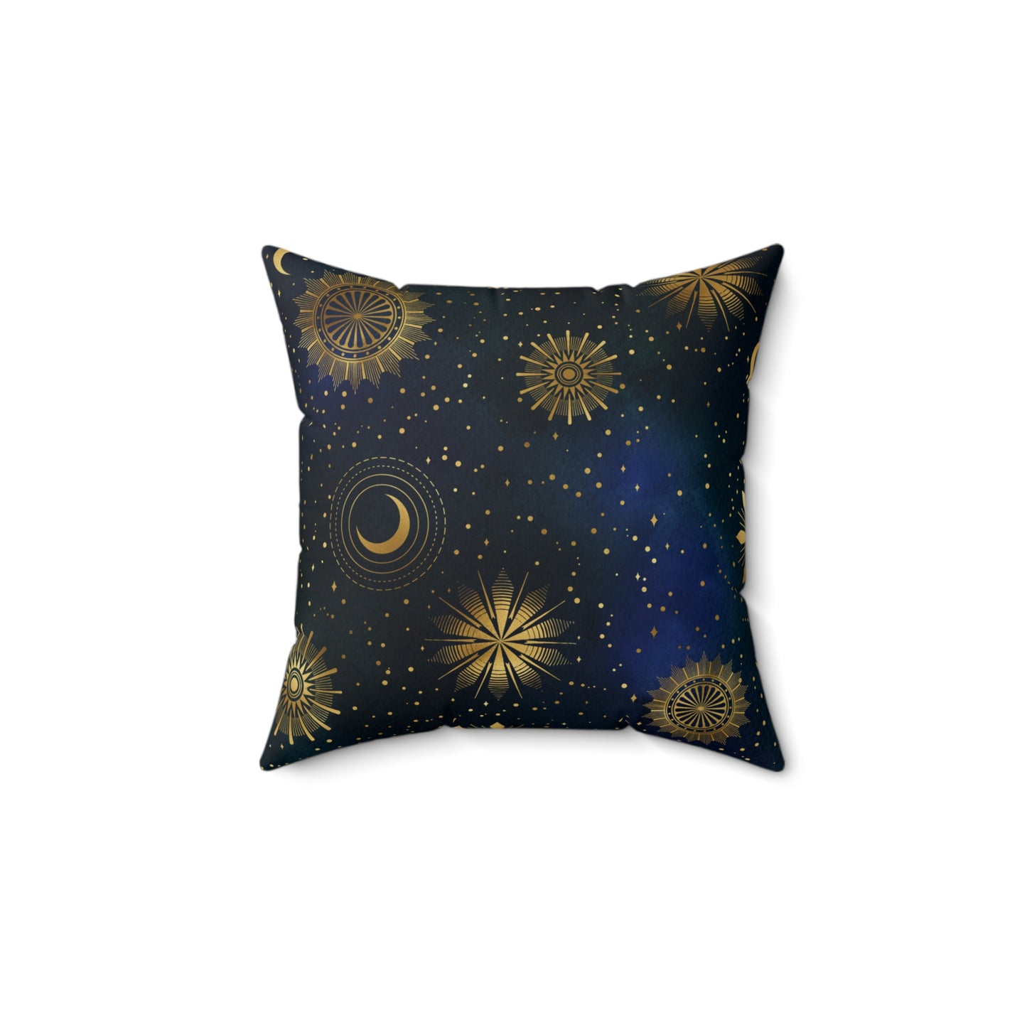 Fantasy Space Theme Blue Gold Moon Stars Print Spun Polyester Square Pillow