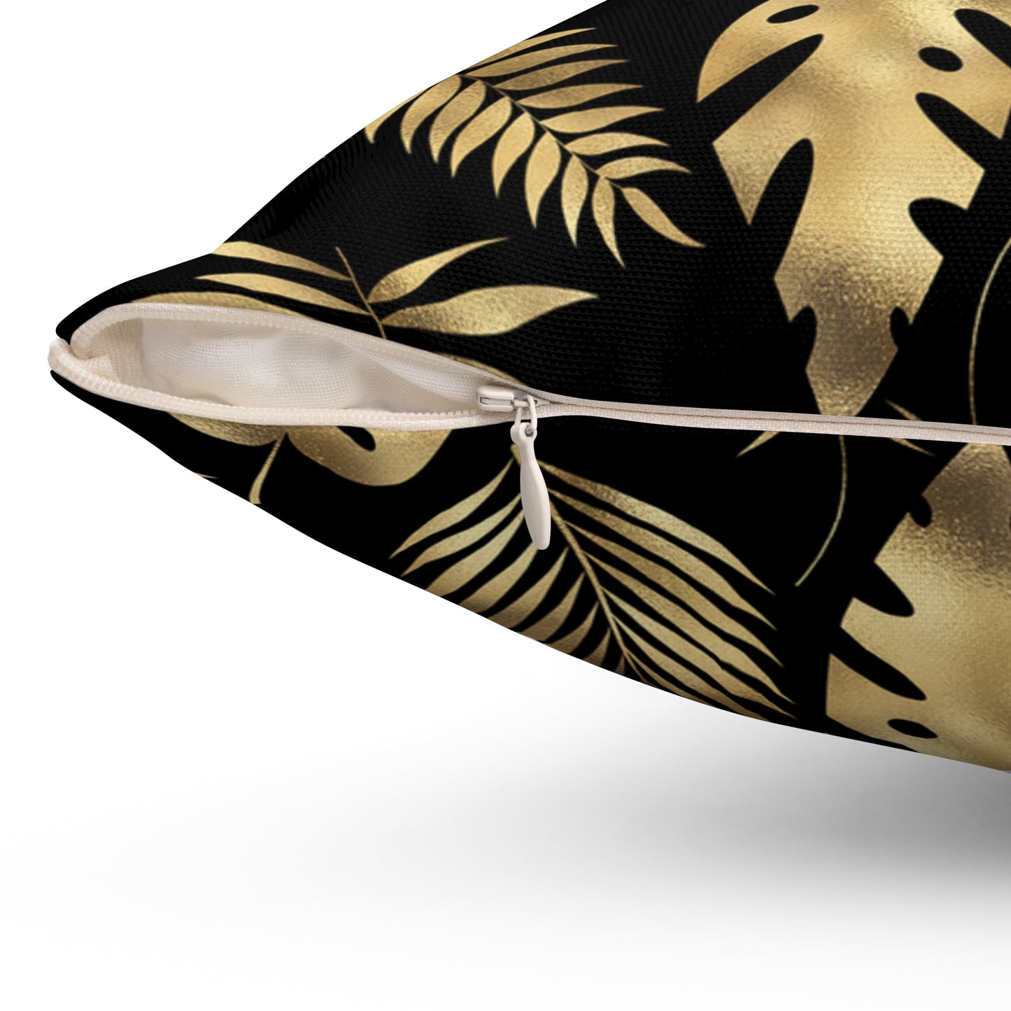 Gorgeous Print Black Gold Monstera Fern Leaves Spun Polyester Square Pillow