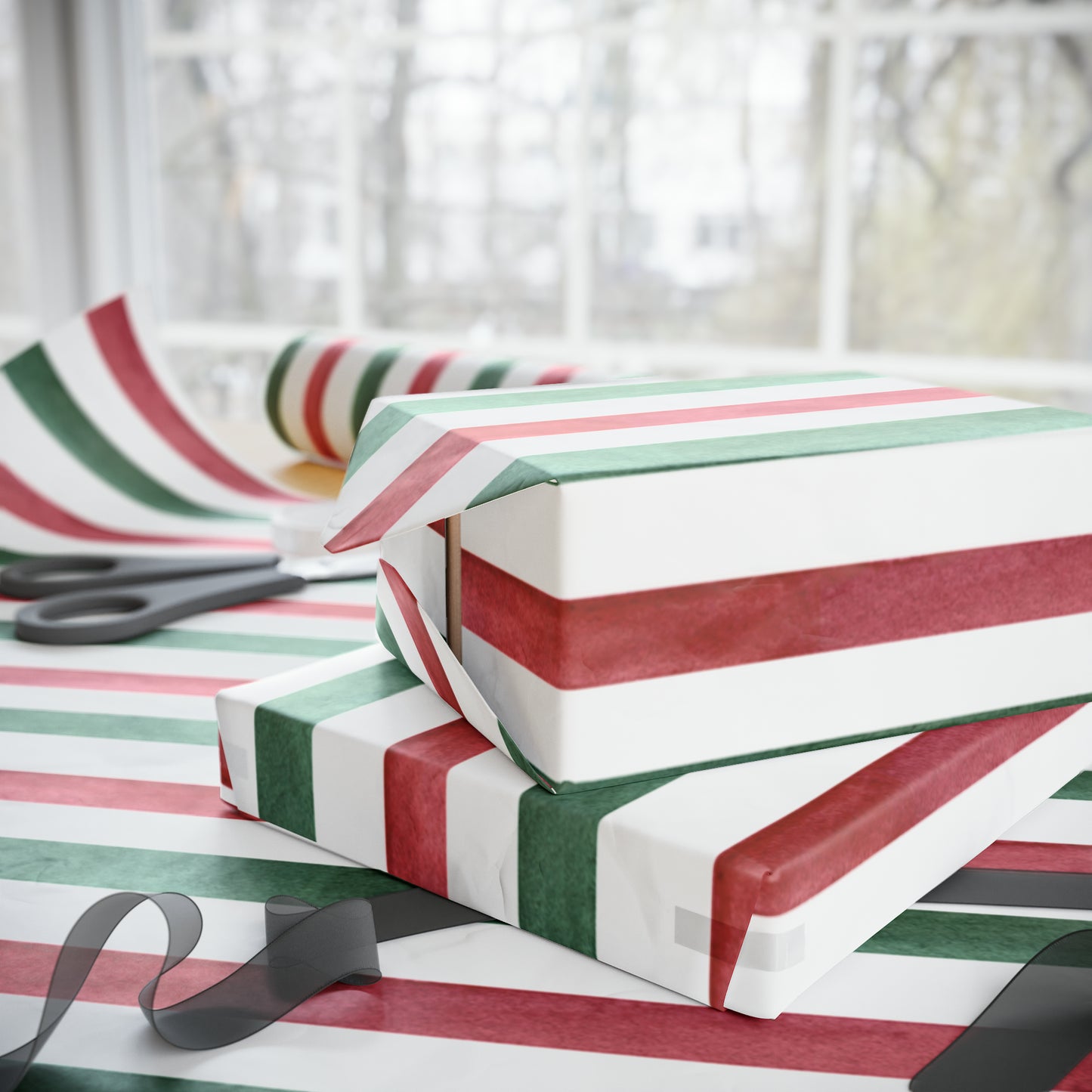 Watercolor Red Green Stripes Wrapping Paper for Gifts - Christmas Stripes Gift Wrap