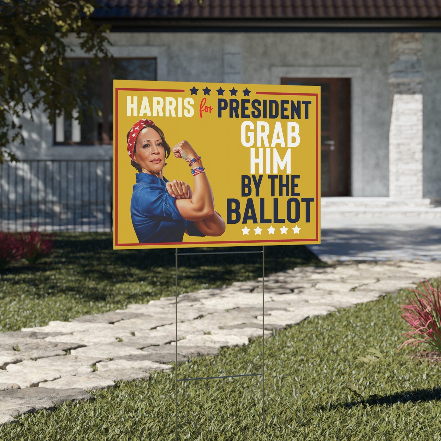Grab Him By the Ballot, Harris Walz Election Sign, Double Sided Yard Sign w Stand, Kamala Yard Sign, 18" x 24", Harris Walz, Kamala Rosie