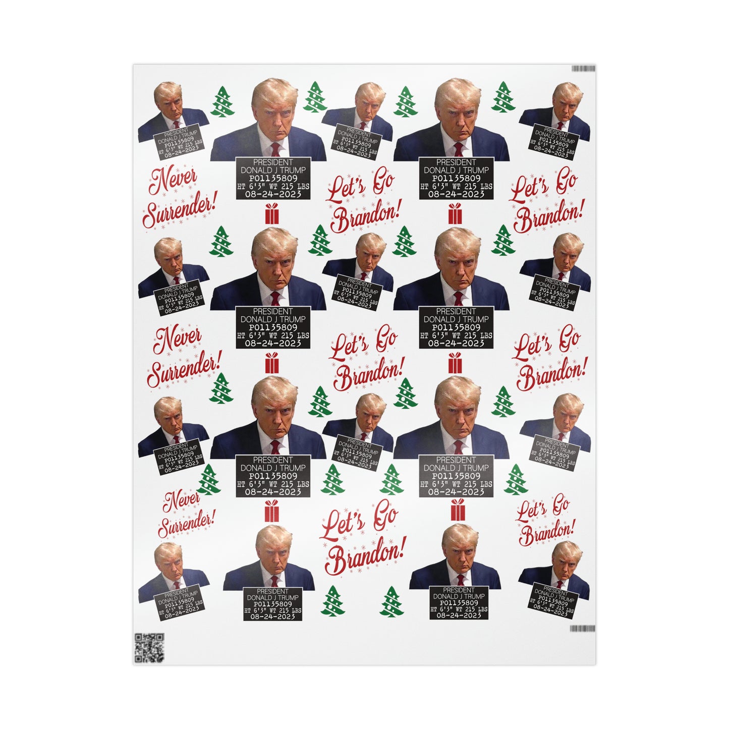 The Trump Mugshot Gift Wrap - Let's Go Brandon Gift Wrap - Santa Trump 2024 Never Surrender Wrapping Paper