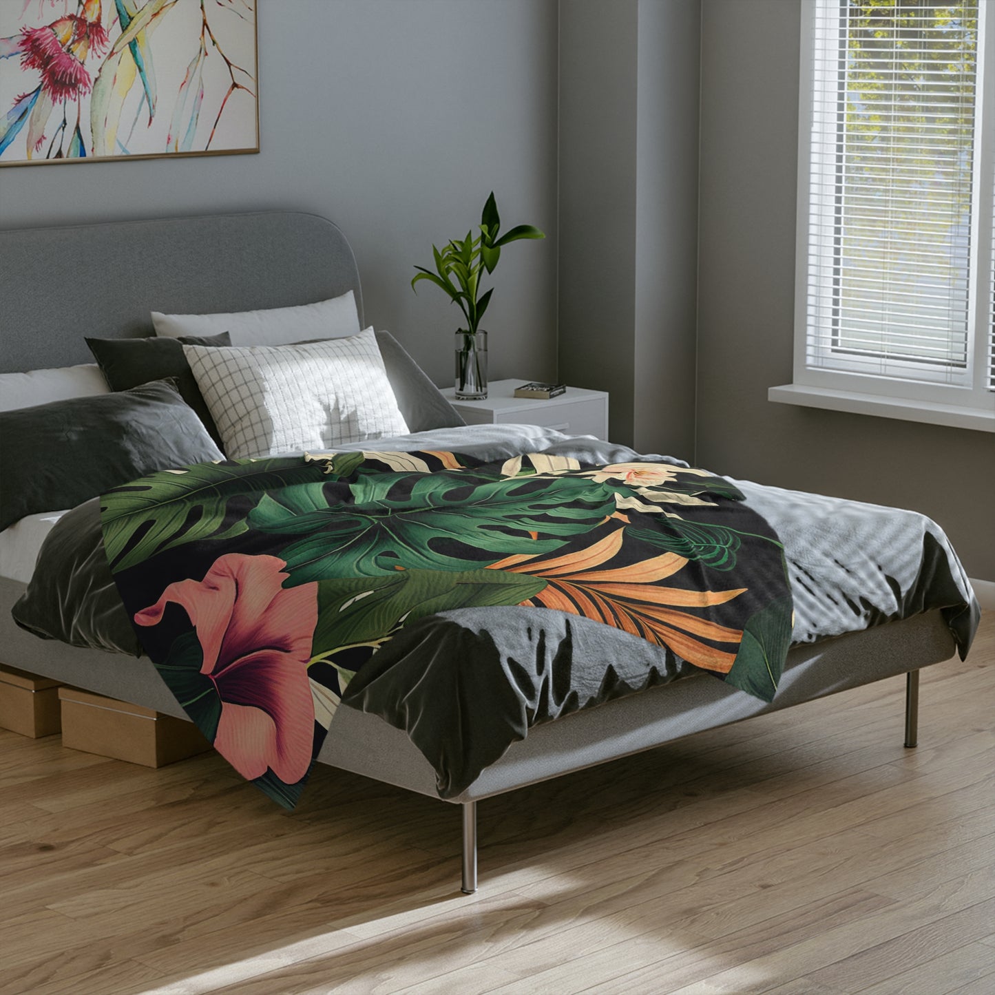 Terrific Tropical Monstera Leaf Pattern Throw Sofa Bed Blanket - Soft Thick Velveteen Minky Throw Blanket