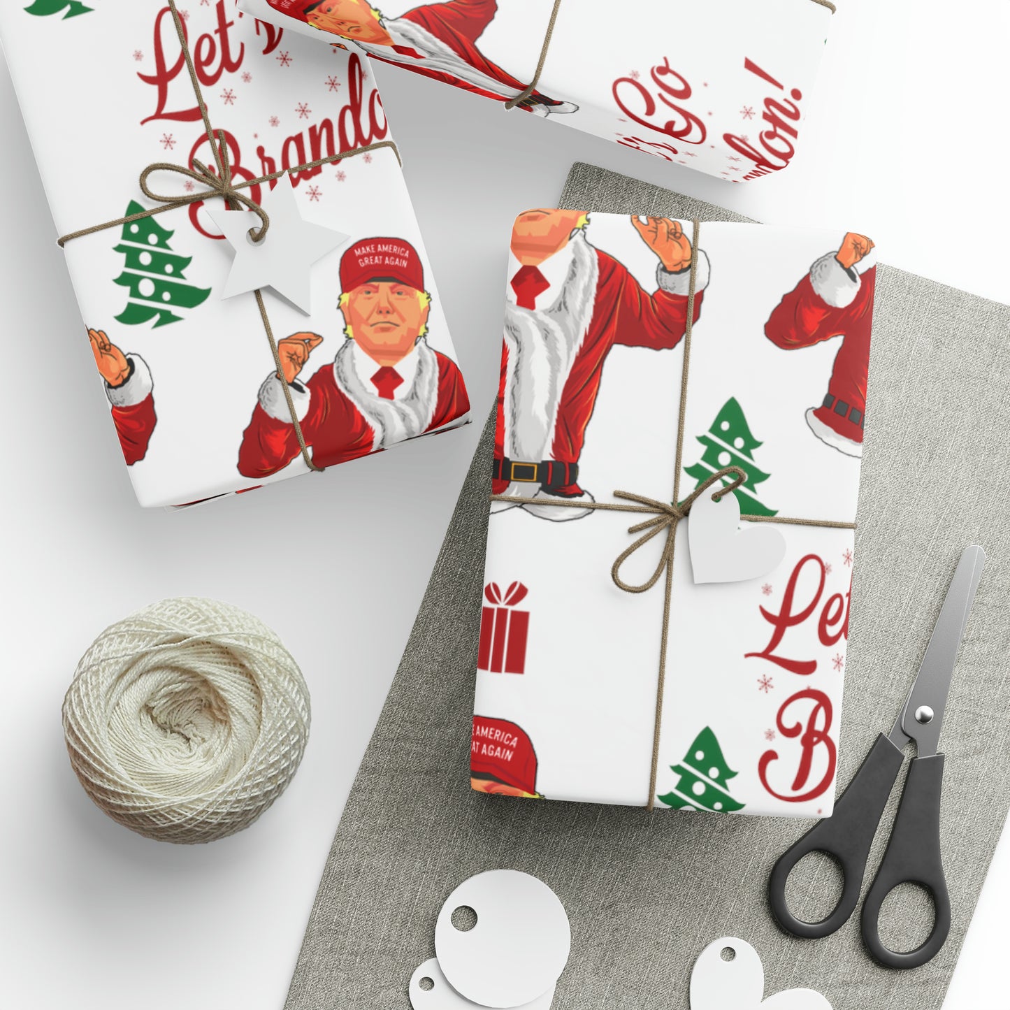 Jolly Trump Gift Wrap for Christmas - Joe Let's Go Brandon Gift - Santa Trump White Wrapping Paper
