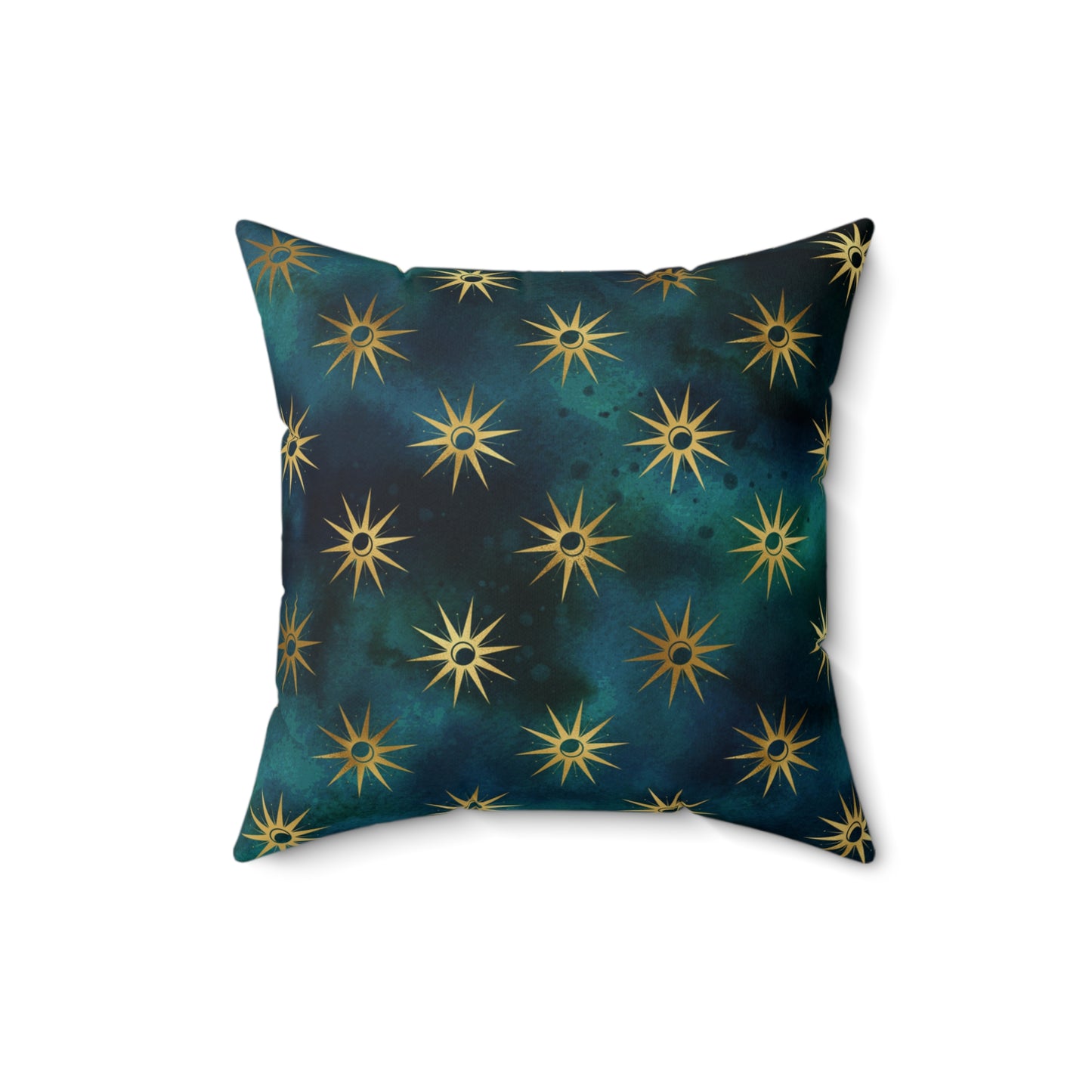 Fantasy Space Blue Teal Green Gold Moon Sun Print Spun Polyester Square Pillow