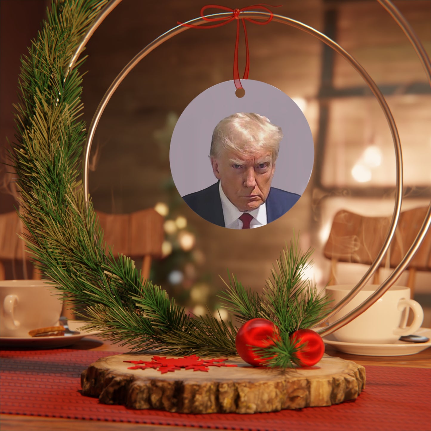The Christmas Trump Mugshot 2023 Keepsake Metal Ornaments Double Sided