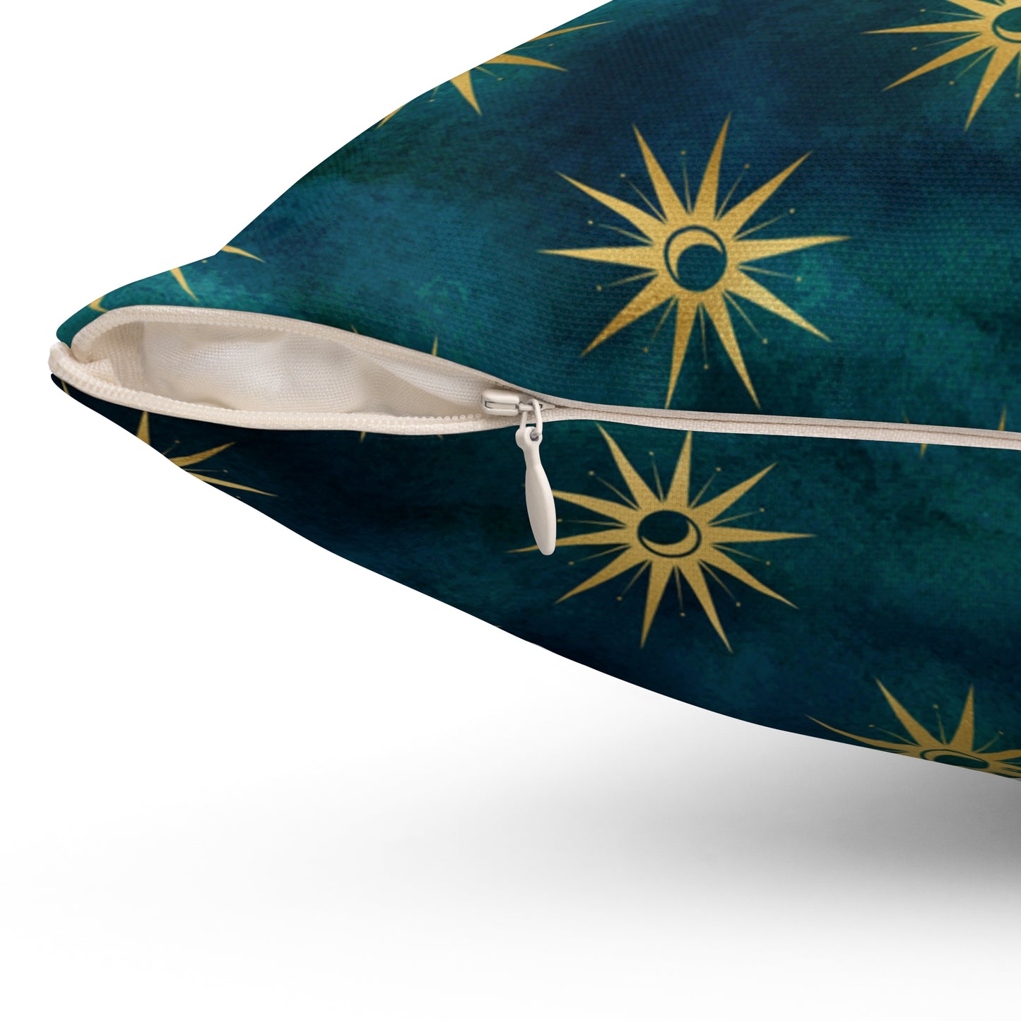 Fantasy Space Blue Teal Green Gold Moon Sun Print Spun Polyester Square Pillow