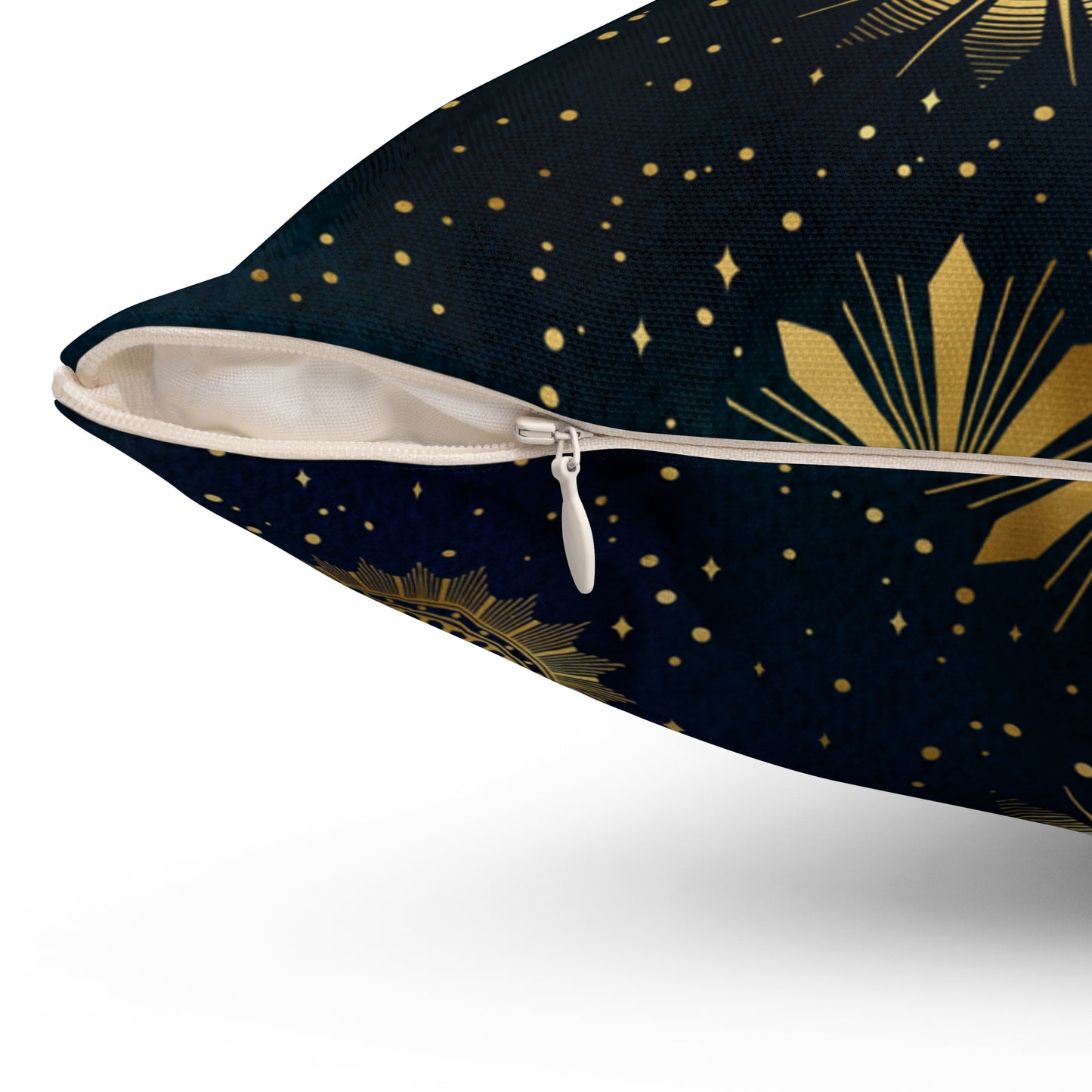 Fantasy Space Theme Blue Gold Moon Stars Print Spun Polyester Square Pillow