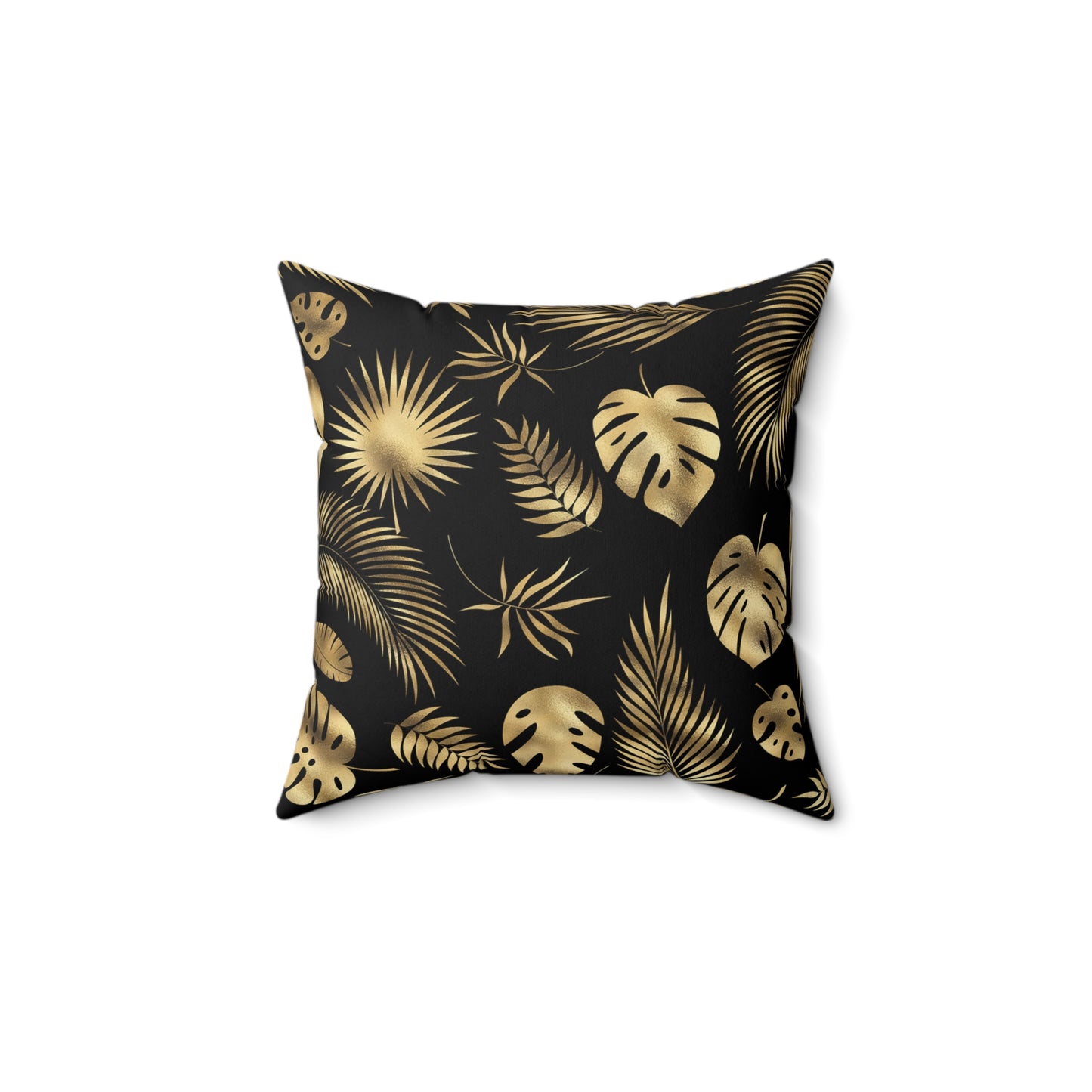 Gorgeous Print Black Gold Monstera Fern Leaves Spun Polyester Square Pillow
