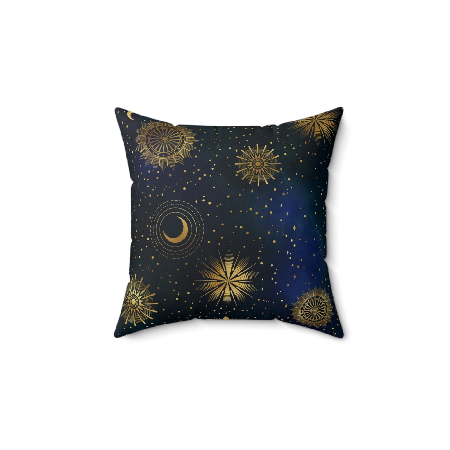 Fantasy Space Theme Blue Gold Moon Stars Print Spun Polyester Square Pillow