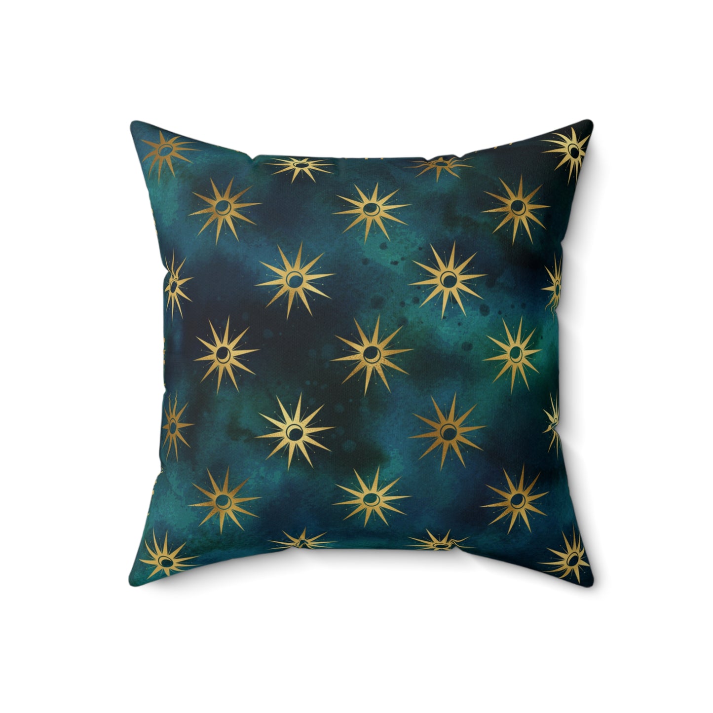 Fantasy Space Blue Teal Green Gold Moon Sun Print Spun Polyester Square Pillow