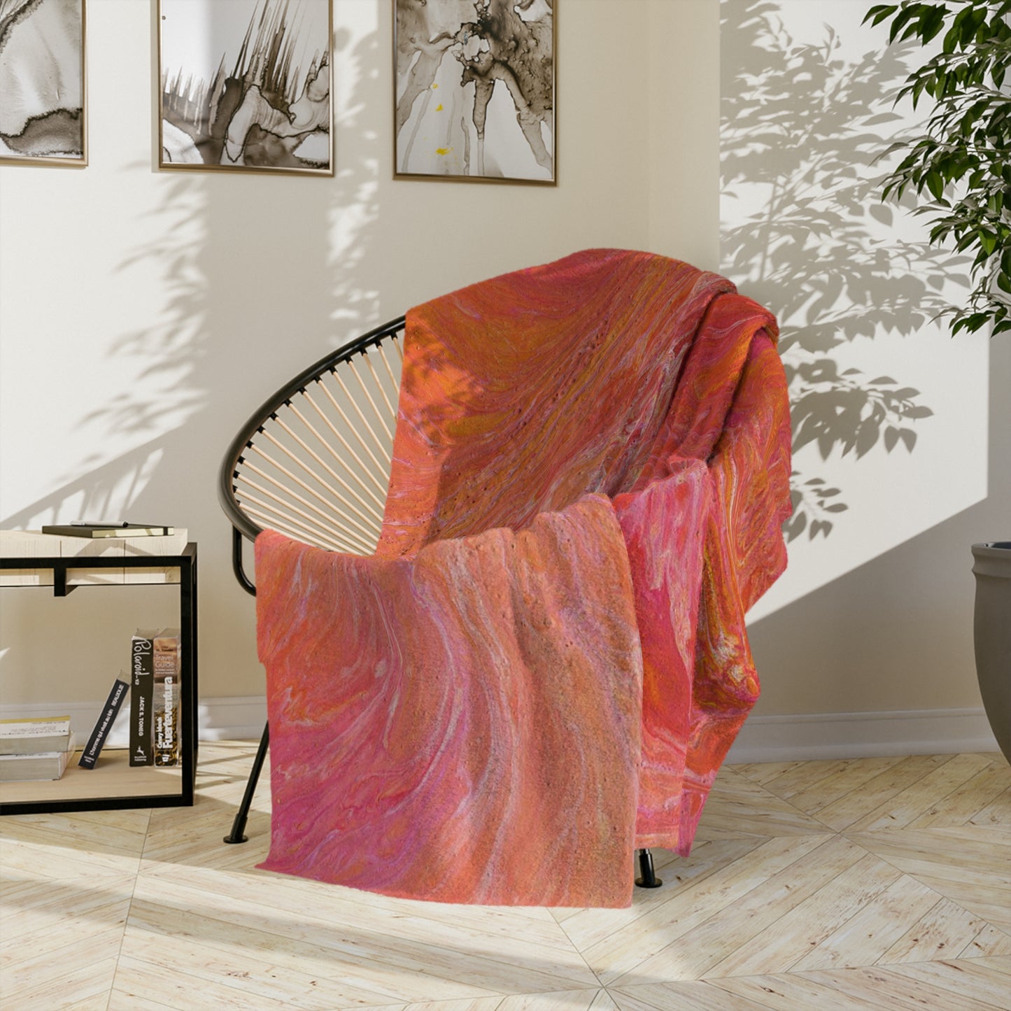 Orange Pink Hues Acrylic Fluid Pattern Style Throw Sofa Bed Blanket - Soft Thick Velveteen Minky Throw Blanket