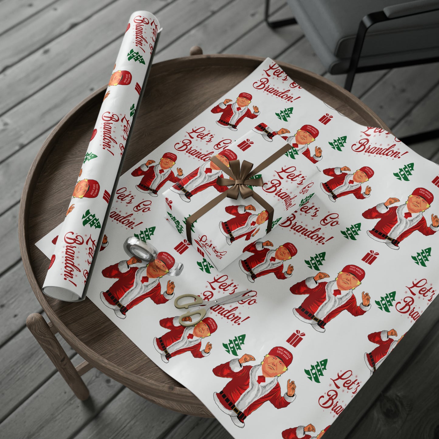 Jolly Trump Gift Wrap for Christmas - Joe Let's Go Brandon Gift - Santa Trump White Wrapping Paper