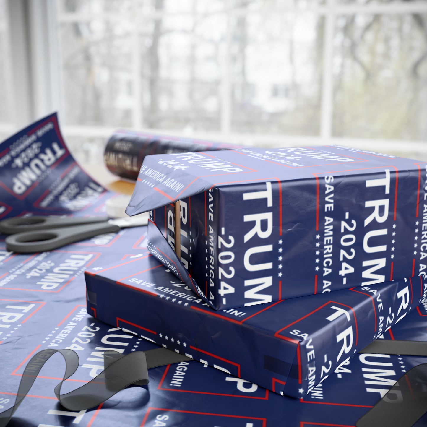 Pro Trump 2024 Save American Again Christmas Wrapping Paper Blue
