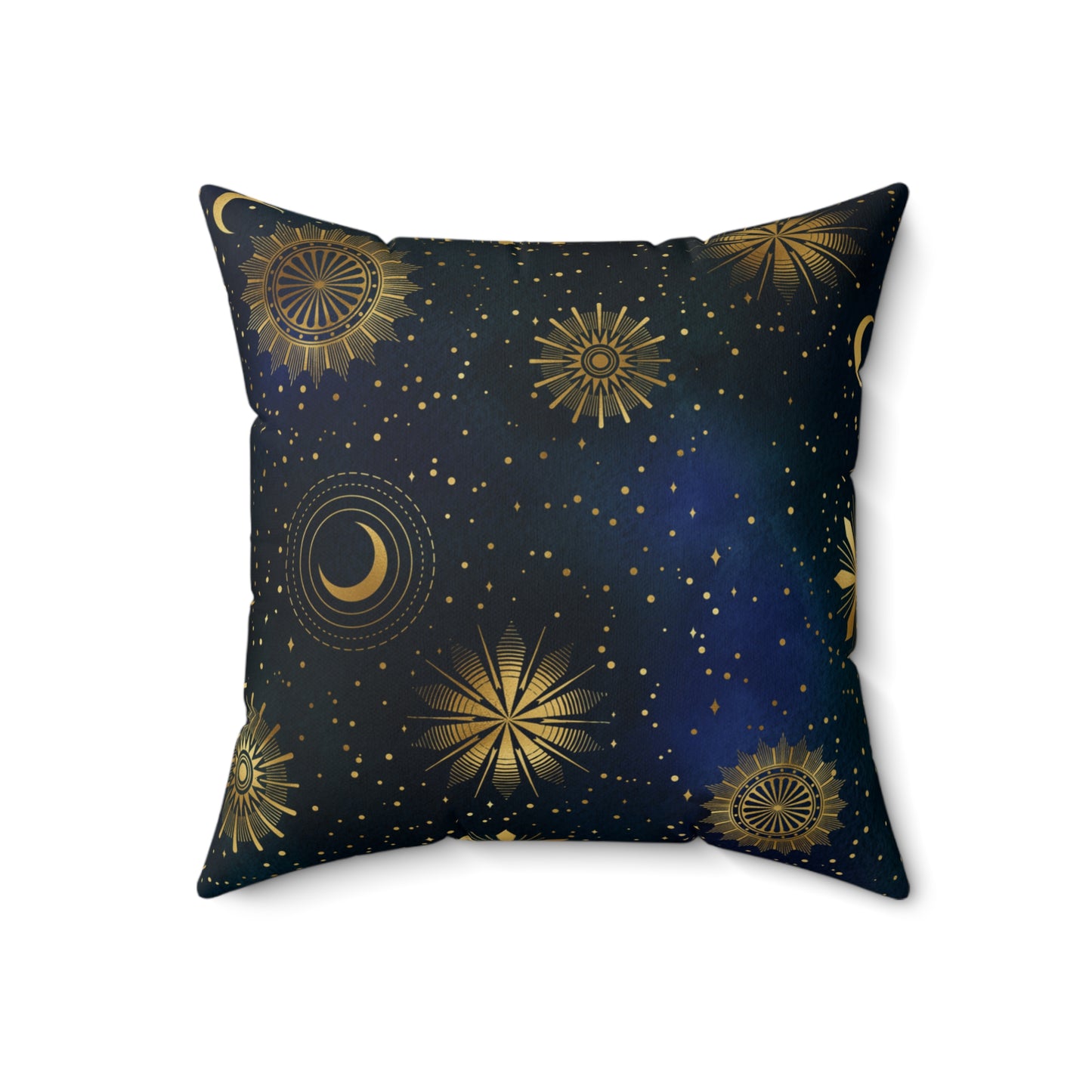 Fantasy Space Theme Blue Gold Moon Stars Print Spun Polyester Square Pillow