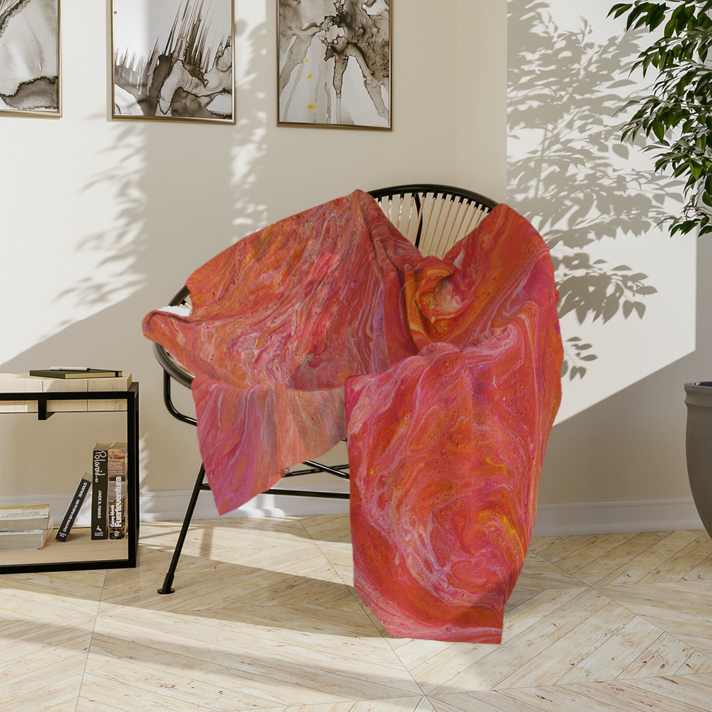 Orange Pink Hues Acrylic Fluid Pattern Style Throw Sofa Bed Blanket - Soft Thick Velveteen Minky Throw Blanket