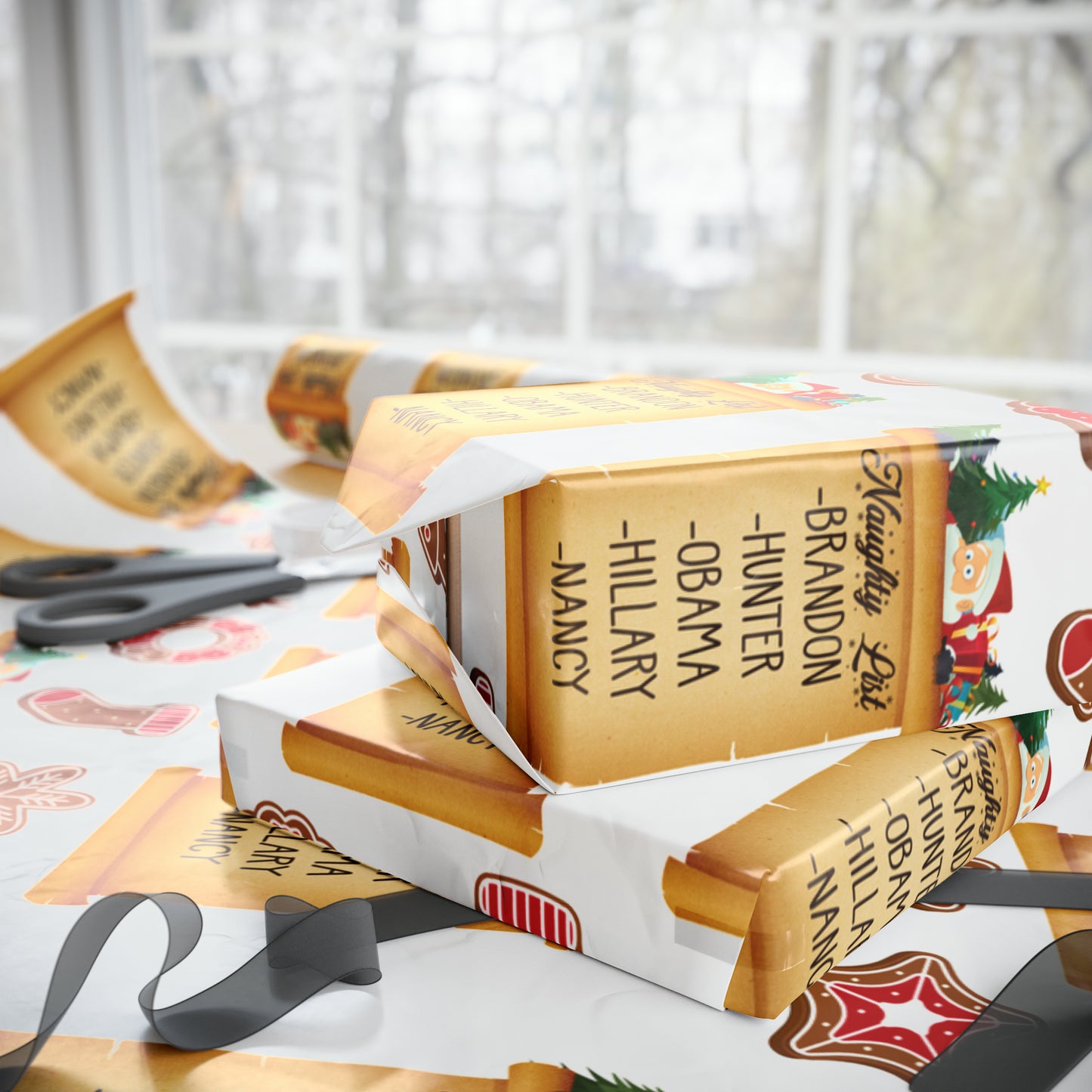 Great Funny Trump Wrapping Paper for Gifts - Pro Trump Naughty List Gingerbread Christmas Gift Wrap
