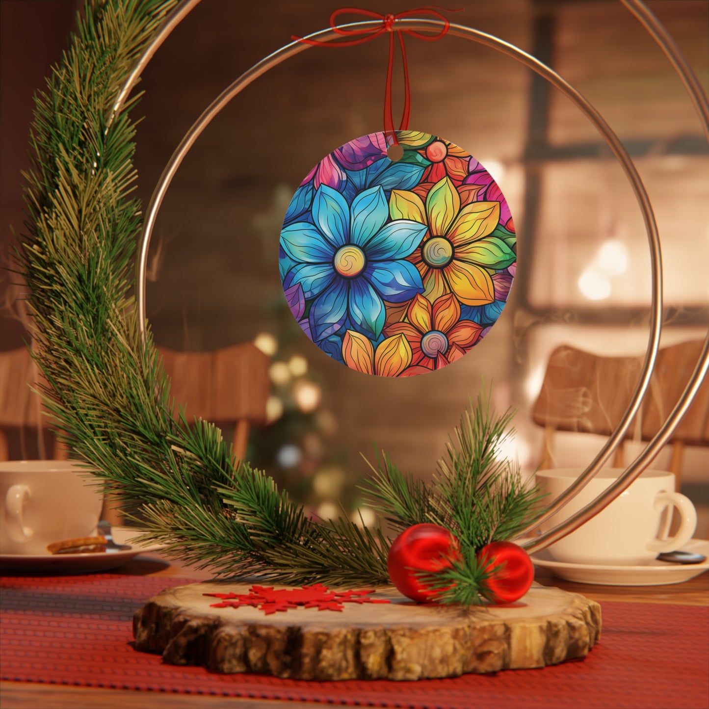 Christmas Flowers Rainbow Stained Glass Style Ornament Lightweight Shaterproof Metal Ornament
