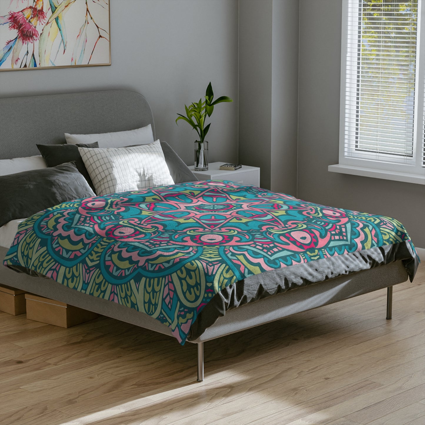 Glimmery Green Blue Purple Mandala Throw Sofa Bed Blanket - Soft Thick Velveteen Minky Throw Blanket