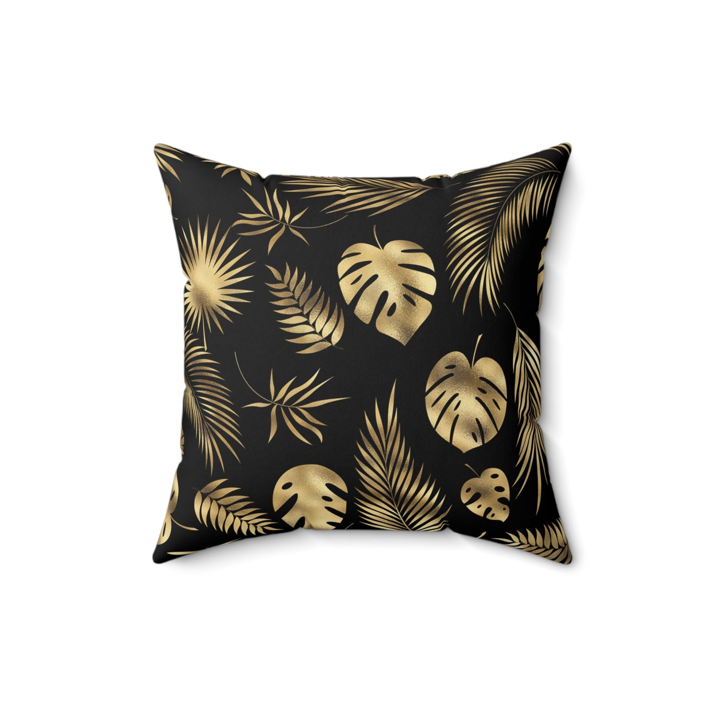 Gorgeous Print Black Gold Monstera Fern Leaves Spun Polyester Square Pillow