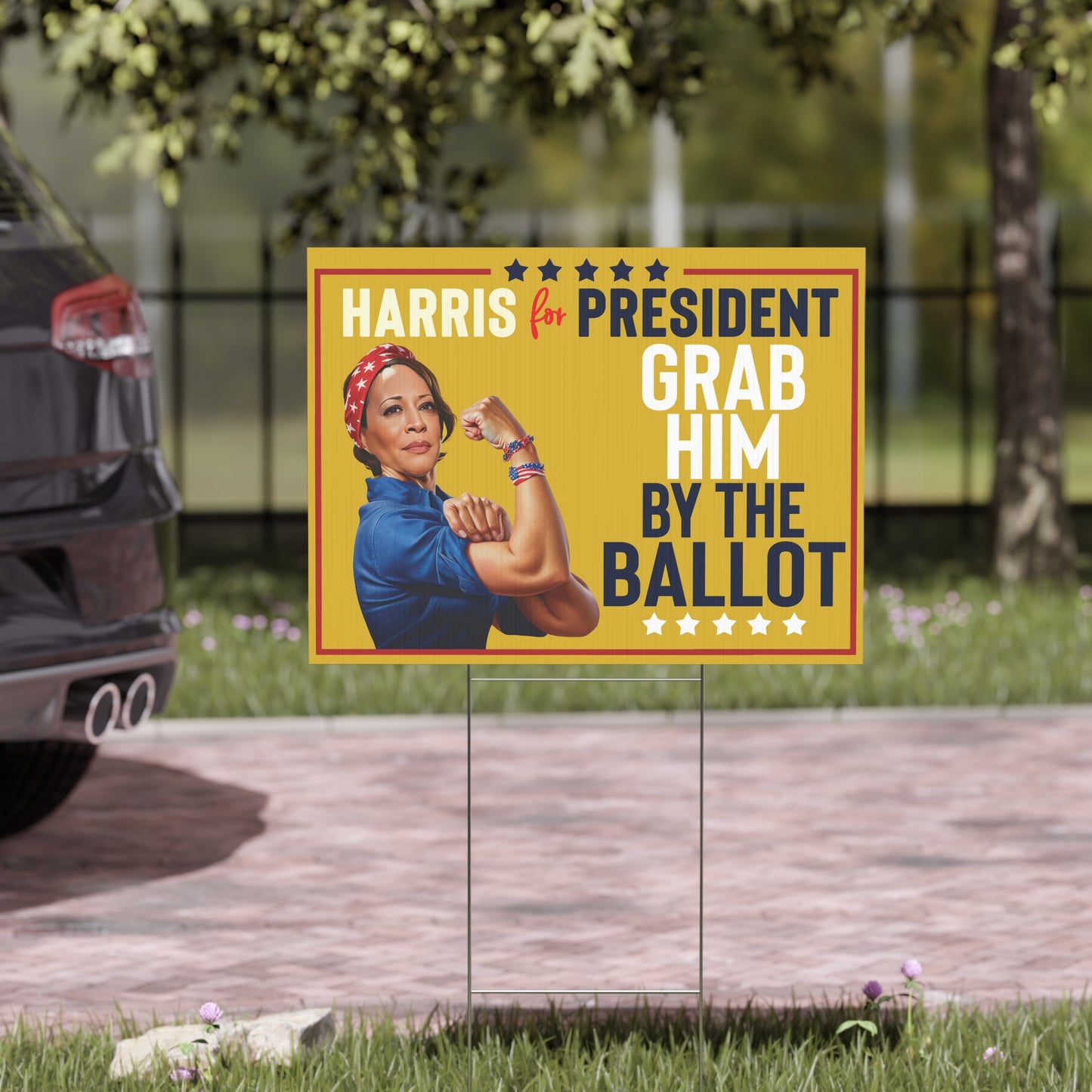 Grab Him By the Ballot, Harris Walz Election Sign, Double Sided Yard Sign w Stand, Kamala Yard Sign, 18" x 24", Harris Walz, Kamala Rosie