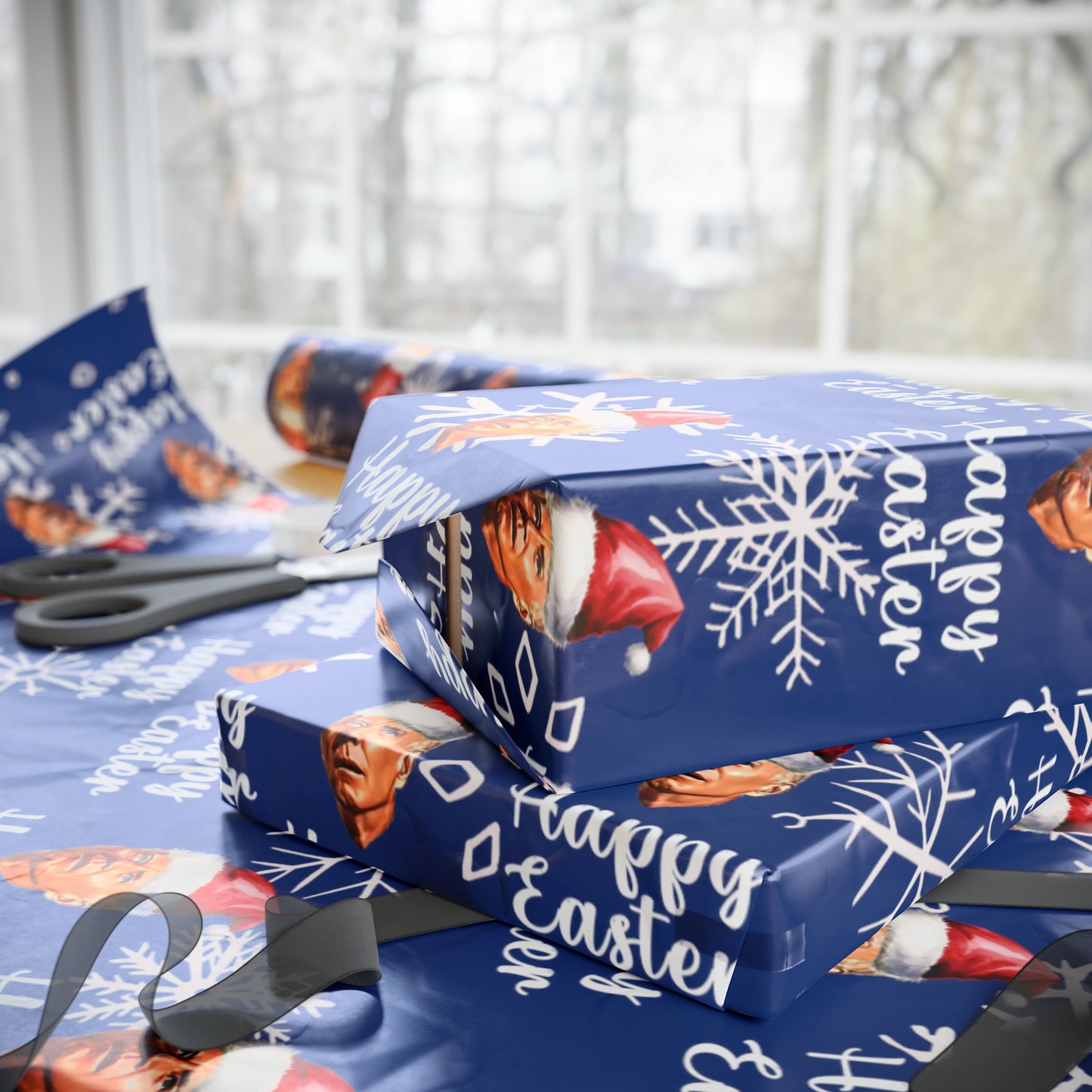 Comically Confused Biden Christmas Blue Wrapping Paper Happy Easter