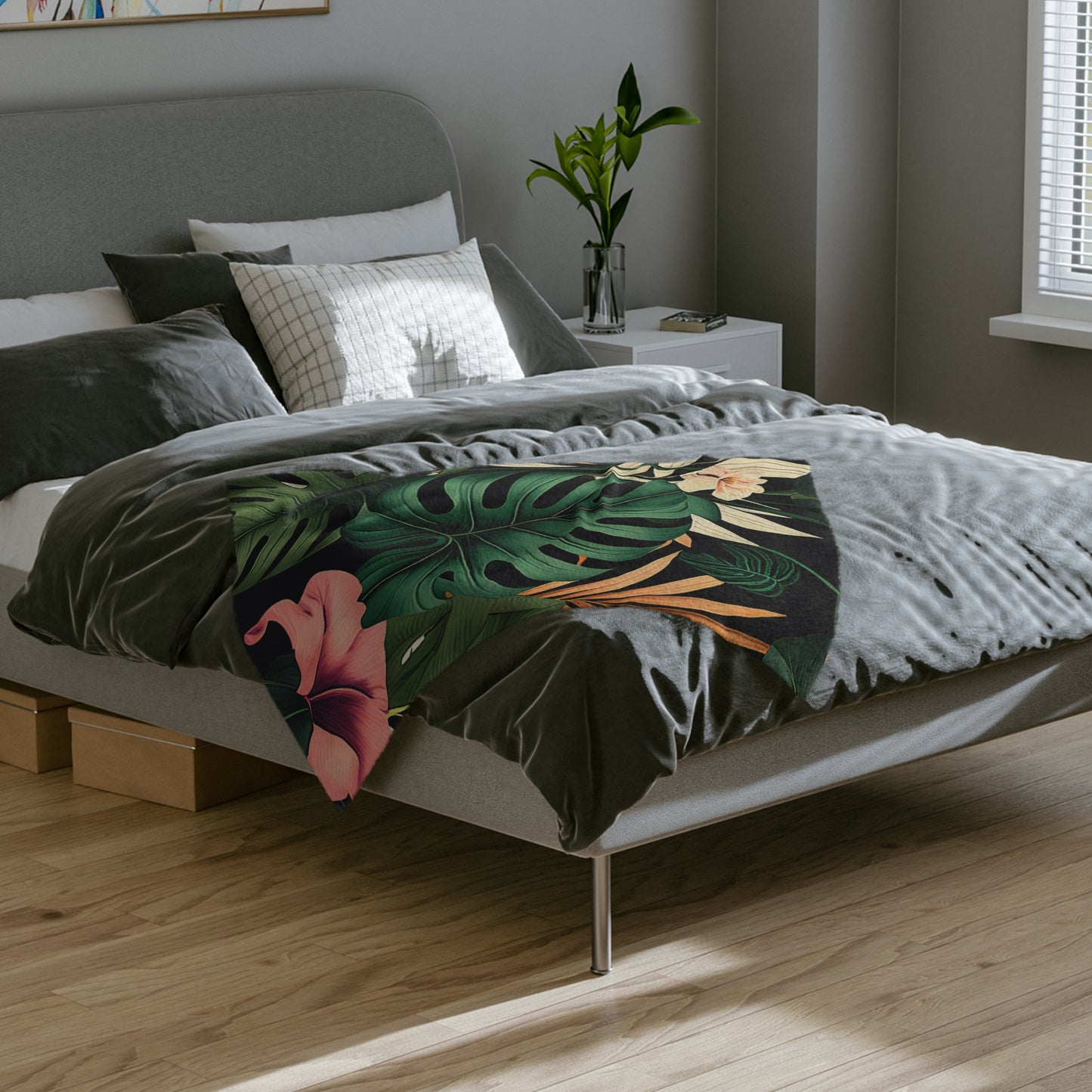 Terrific Tropical Monstera Leaf Pattern Throw Sofa Bed Blanket - Soft Thick Velveteen Minky Throw Blanket