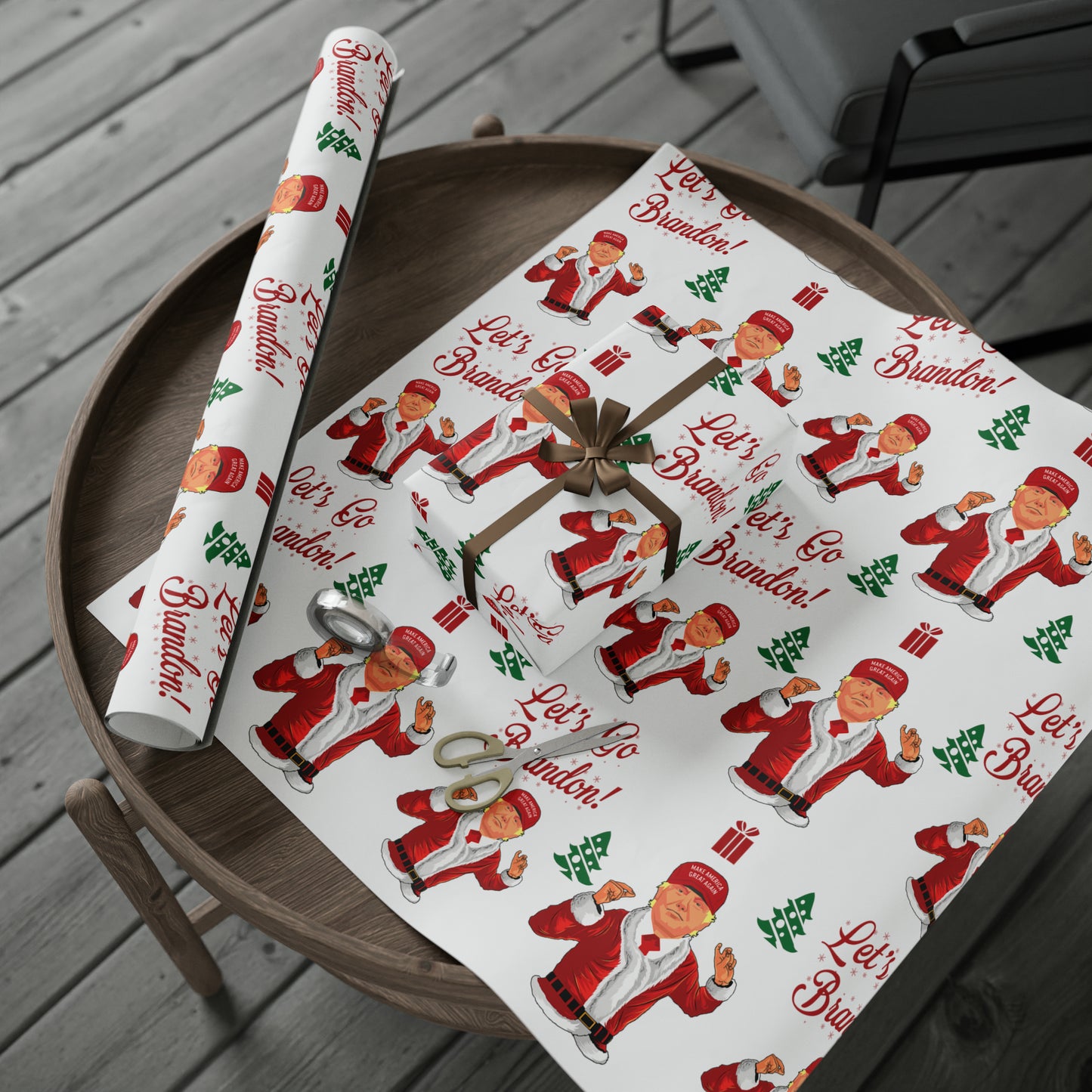 Jolly Trump Gift Wrap for Christmas - Joe Let's Go Brandon Gift - Santa Trump White Wrapping Paper