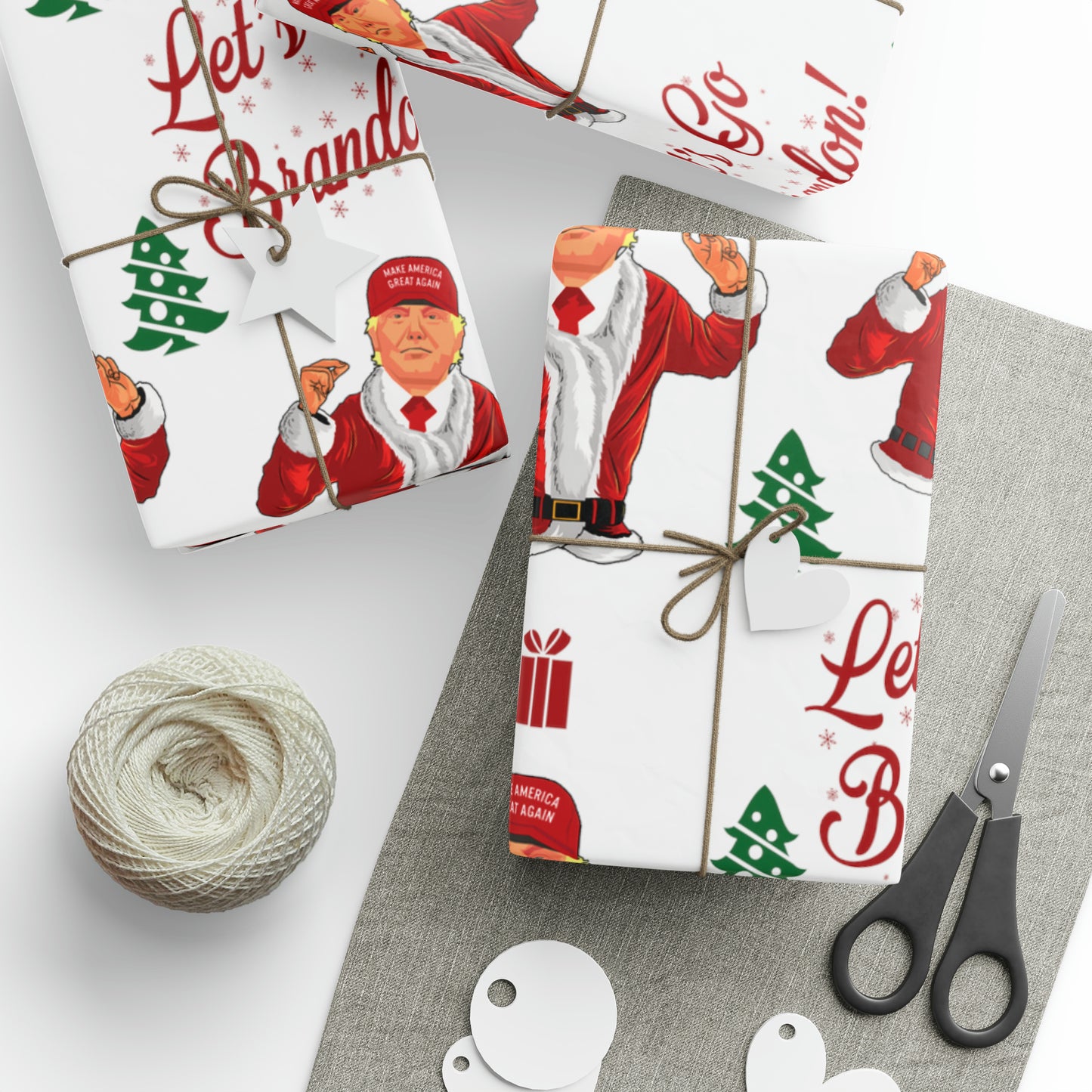 Jolly Trump Gift Wrap for Christmas - Joe Let's Go Brandon Gift - Santa Trump White Wrapping Paper