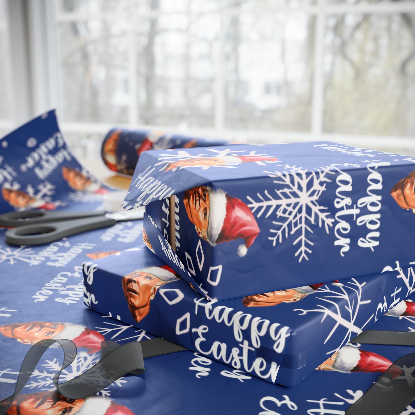 Comically Confused Biden Christmas Blue Wrapping Paper Happy Easter
