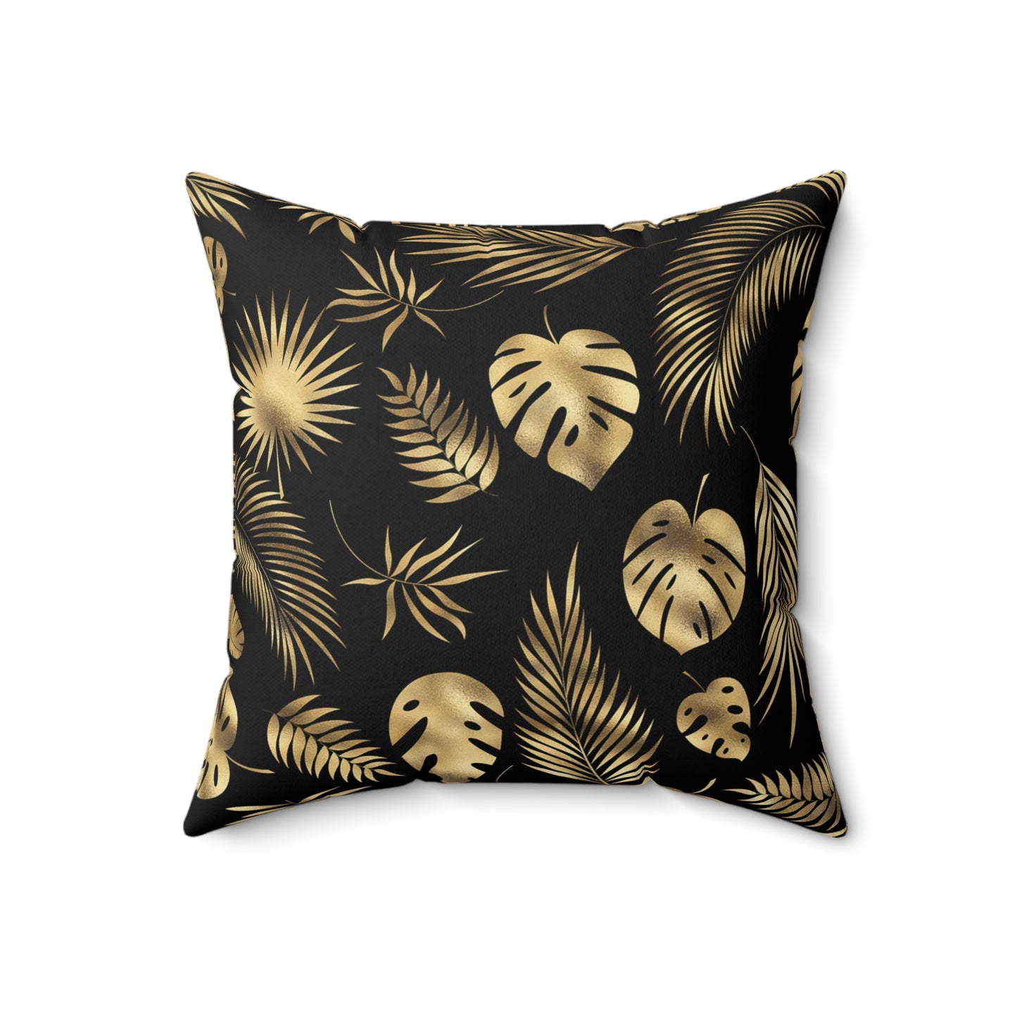 Gorgeous Print Black Gold Monstera Fern Leaves Spun Polyester Square Pillow