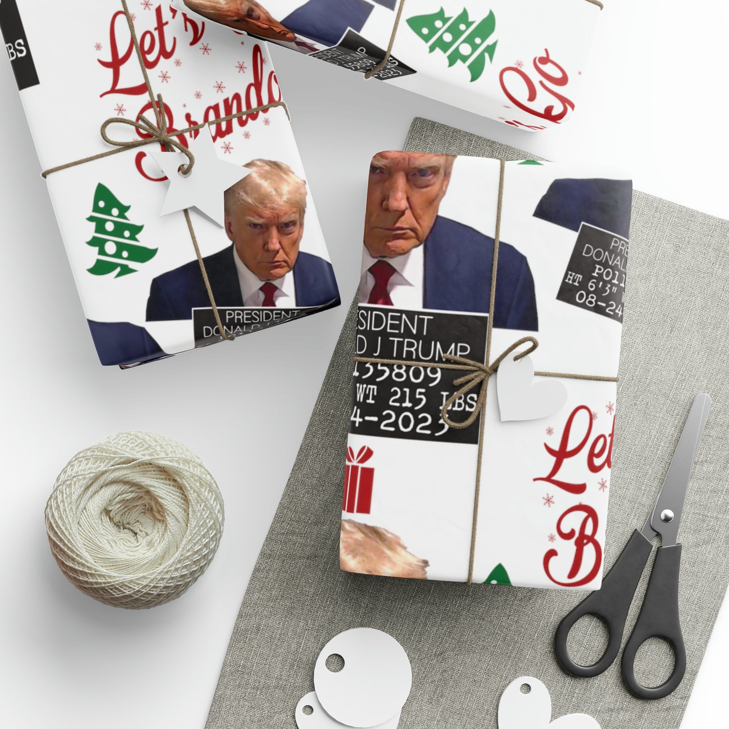The Trump Mugshot Gift Wrap - Let's Go Brandon Gift Wrap - Santa Trump 2024 Never Surrender Wrapping Paper