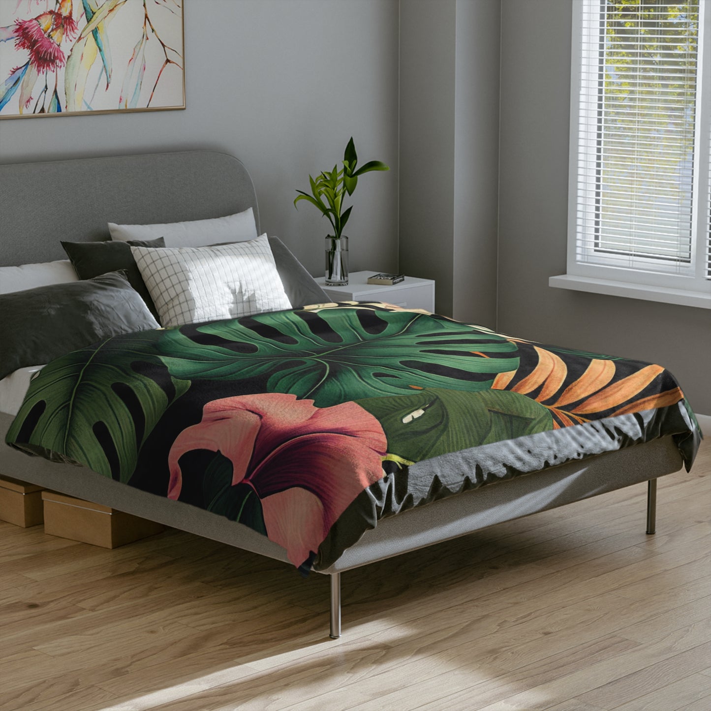 Terrific Tropical Monstera Leaf Pattern Throw Sofa Bed Blanket - Soft Thick Velveteen Minky Throw Blanket