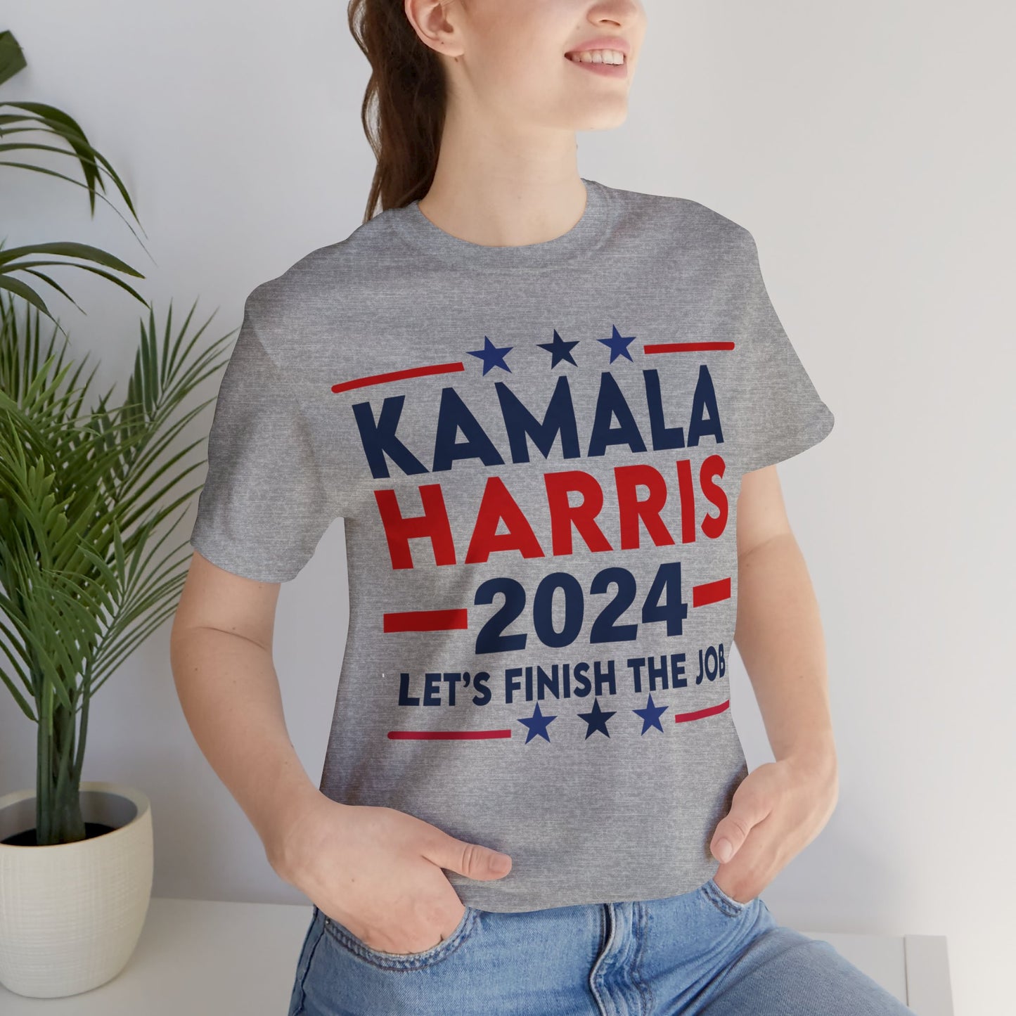 Kamala Harris Shirt, Let's Finish The Job, Bella Canvas 3001 Unisex T-Shirt Vote Kamala Harris President, Biden Drops, Pro Kamala Campaign