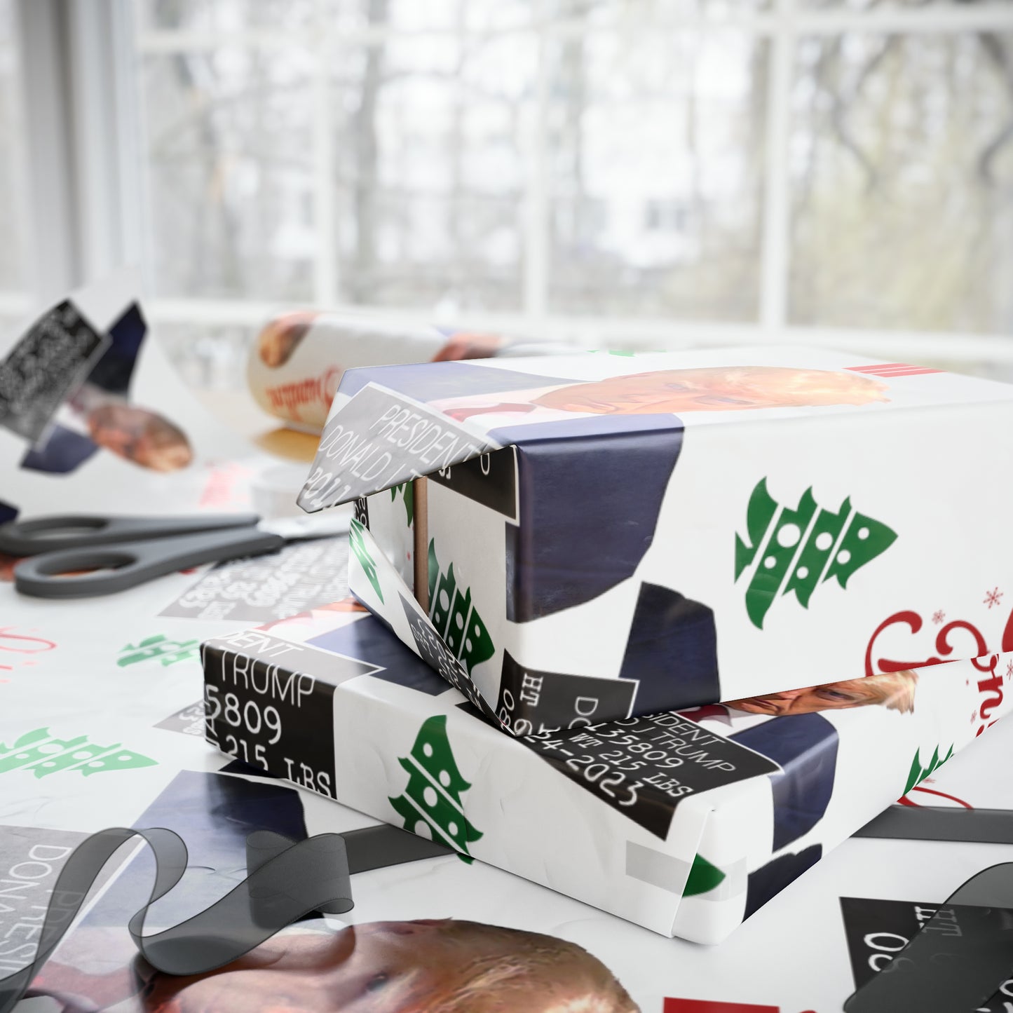 The Trump Mugshot Gift Wrap - Let's Go Brandon Gift Wrap - Santa Trump 2024 Never Surrender Wrapping Paper