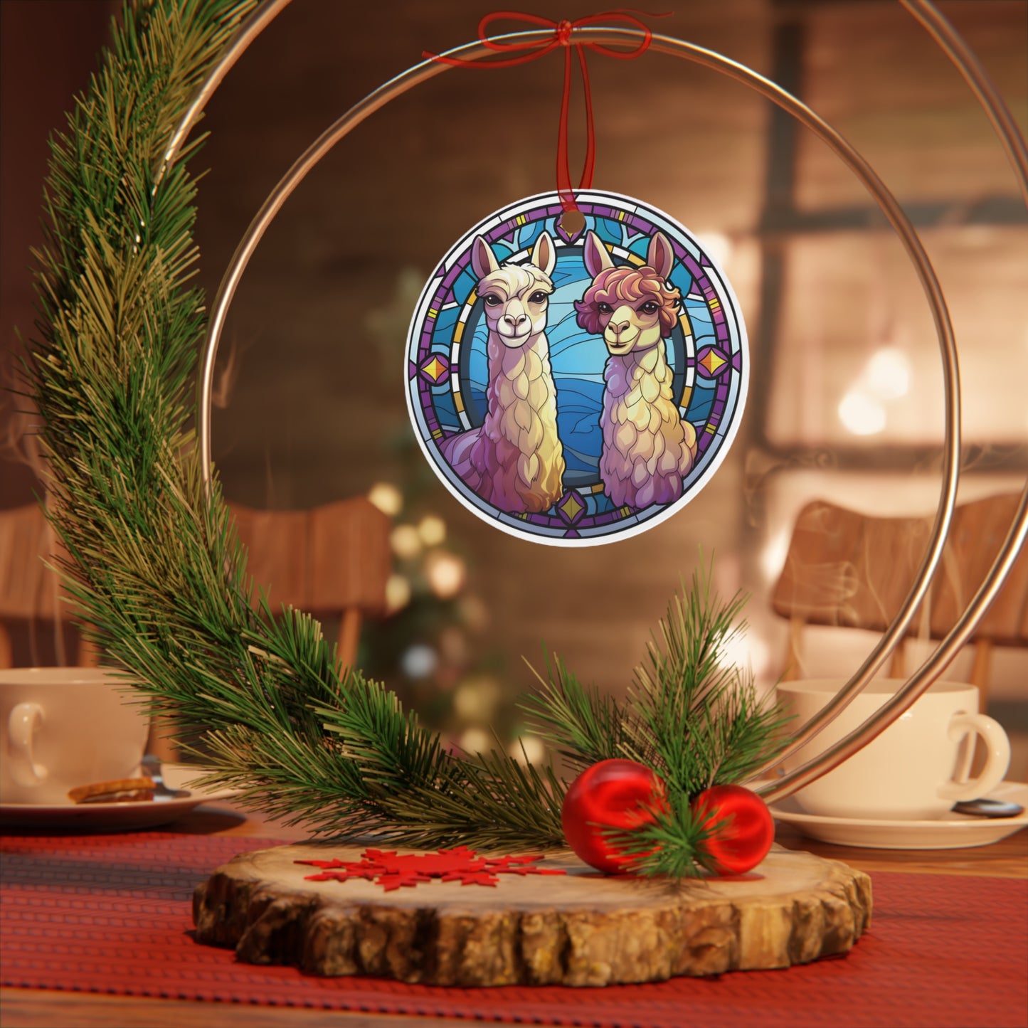 Lovable Llamas Alpacas Stained Glass Style Ornament Lightweight Shaterproof Metal Ornaments Christmas Ornament Exchange Decoration Christmas