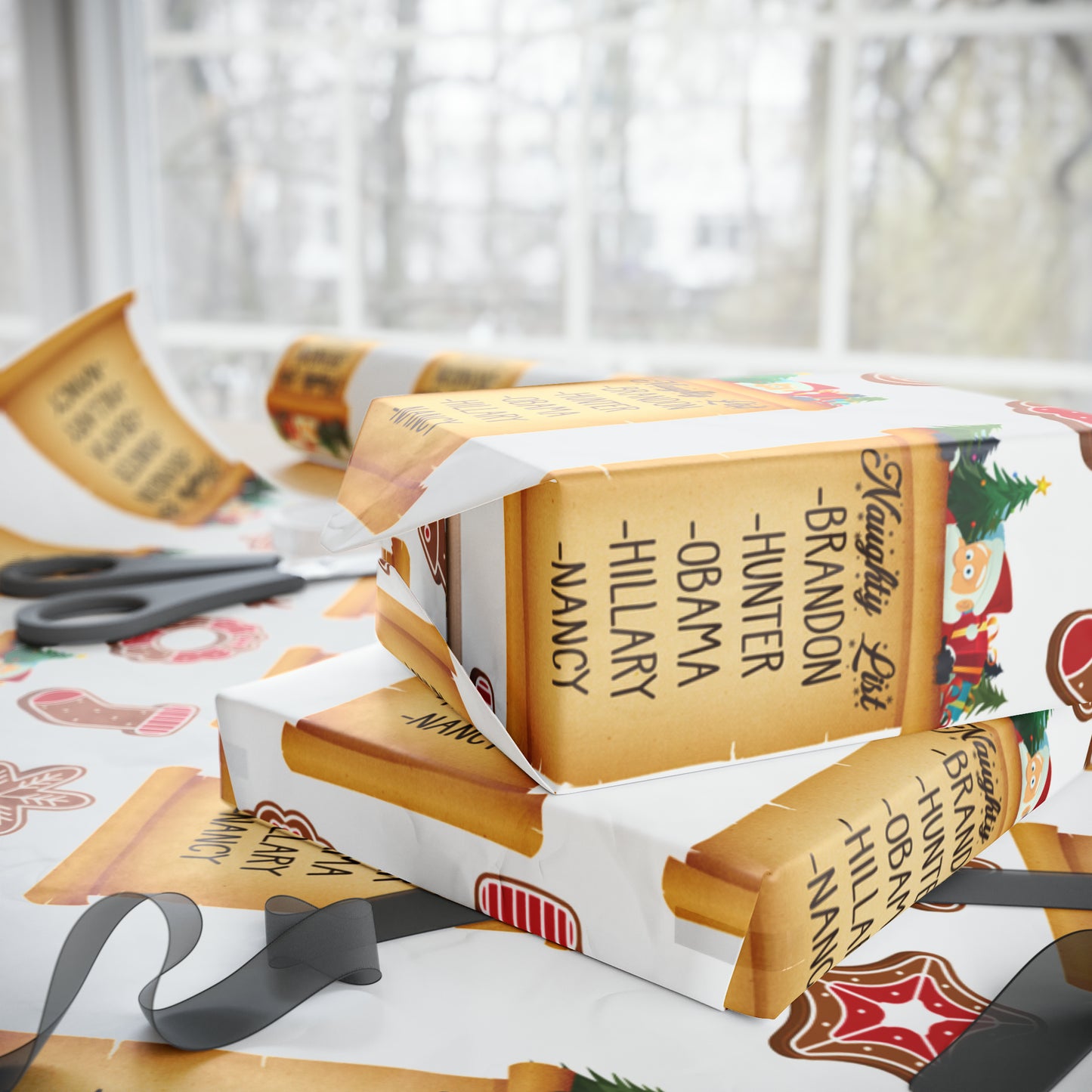 Great Funny Trump Wrapping Paper for Gifts - Pro Trump Naughty List Gingerbread Christmas Gift Wrap