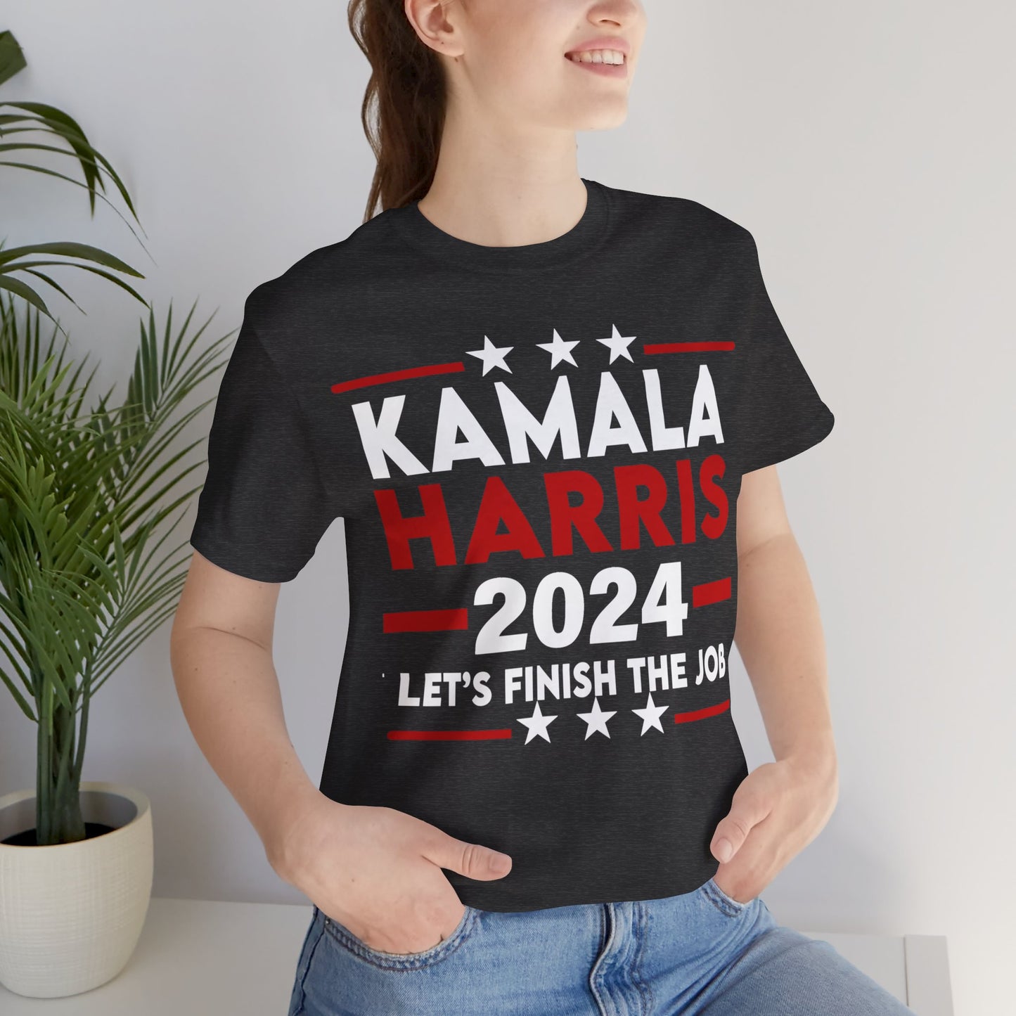 Kamala Harris Shirt, Let's Finish The Job, Bella Canvas 3001 Unisex T-Shirt Vote Kamala Harris President, Biden Drops, Pro Kamala Campaign