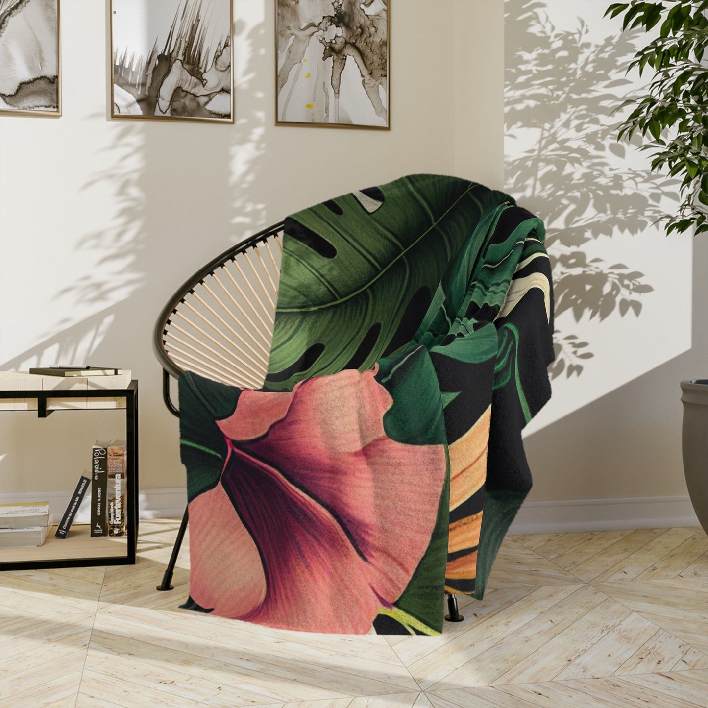 Terrific Tropical Monstera Leaf Pattern Throw Sofa Bed Blanket - Soft Thick Velveteen Minky Throw Blanket