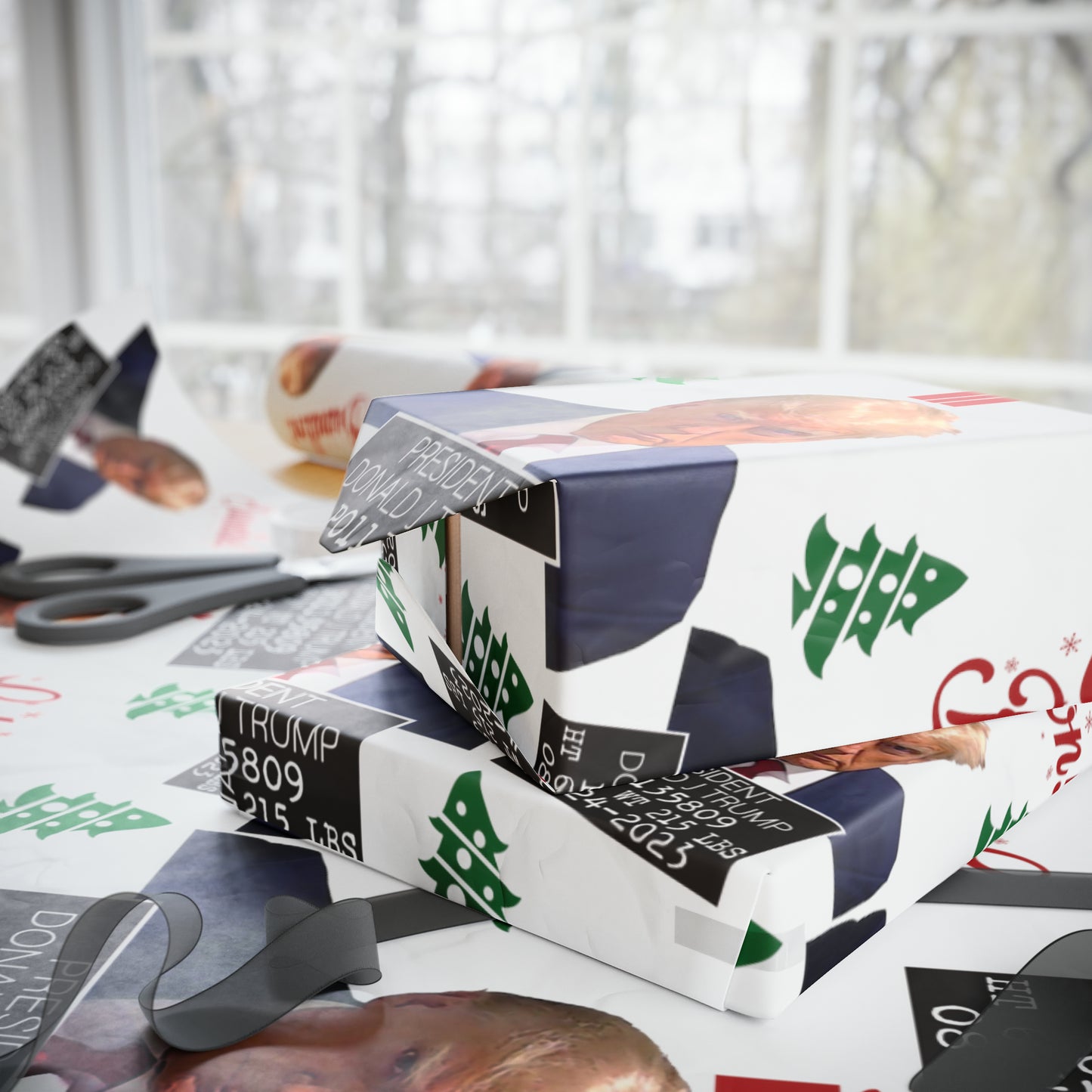 The Trump Mugshot Gift Wrap - Let's Go Brandon Gift Wrap - Santa Trump 2024 Never Surrender Wrapping Paper