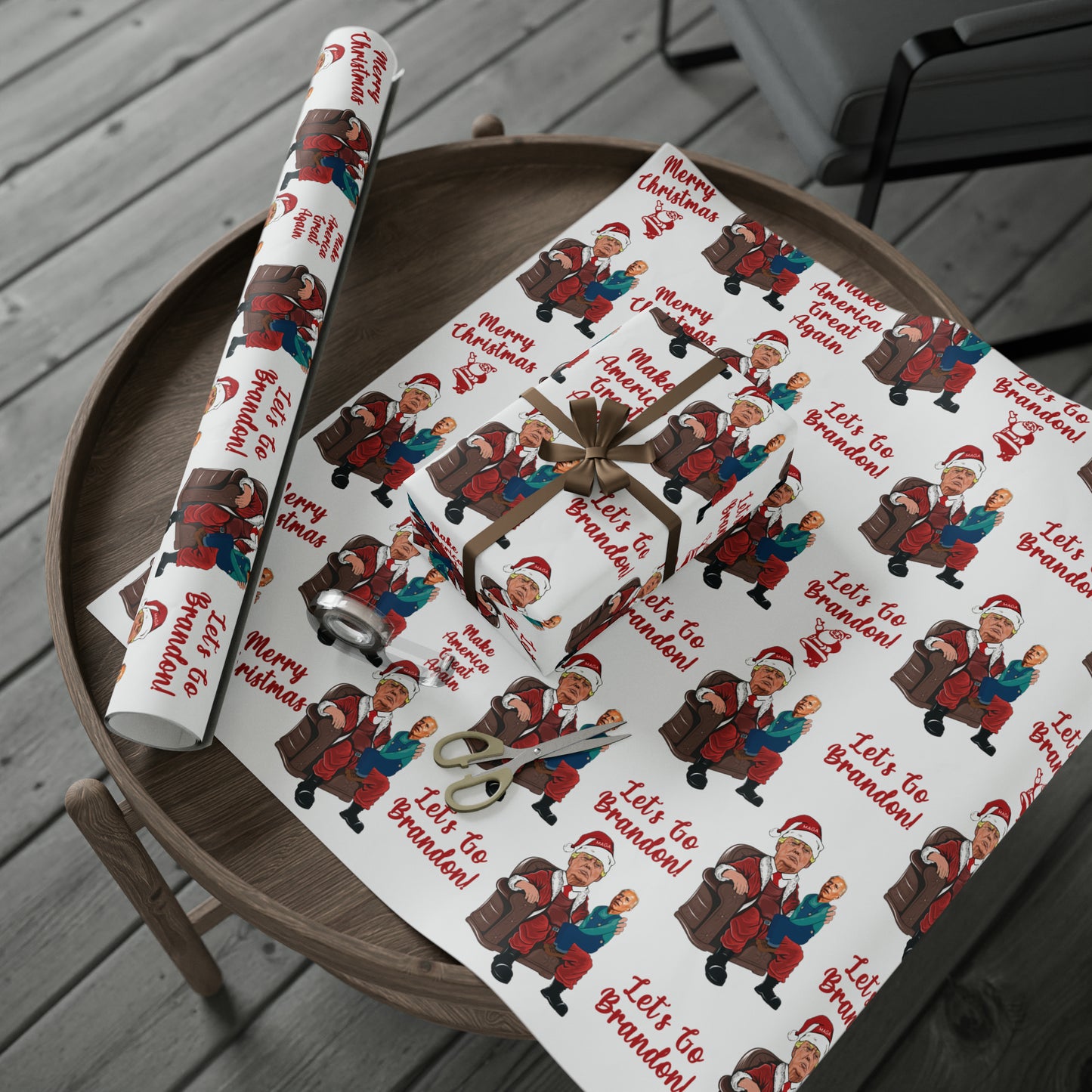 Greatest Trump Gift Wrap for Christmas - Let's Go Brandon Gift Wrap - Santa Trump Confused Biden Sitting on Lap Gift Wrap
