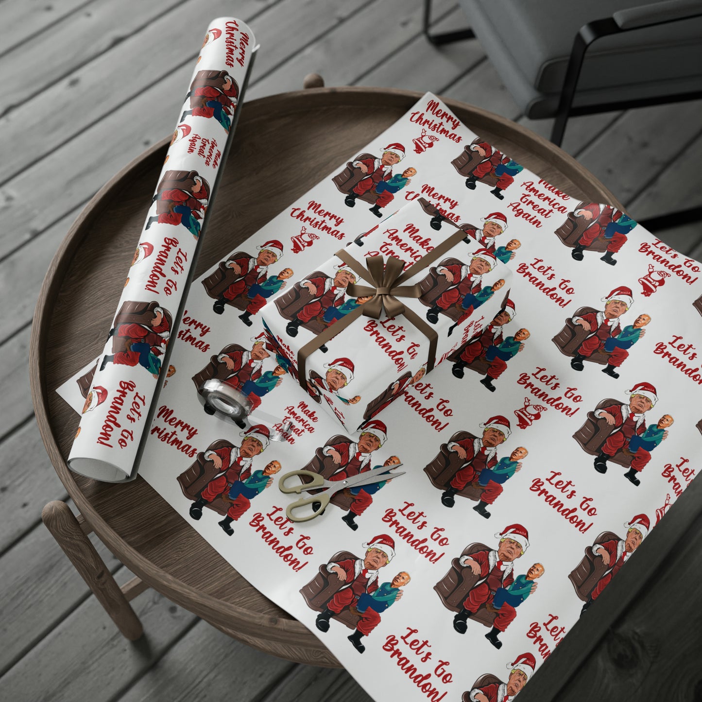 Greatest Trump Gift Wrap for Christmas - Let's Go Brandon Gift Wrap - Santa Trump Confused Biden Sitting on Lap Gift Wrap