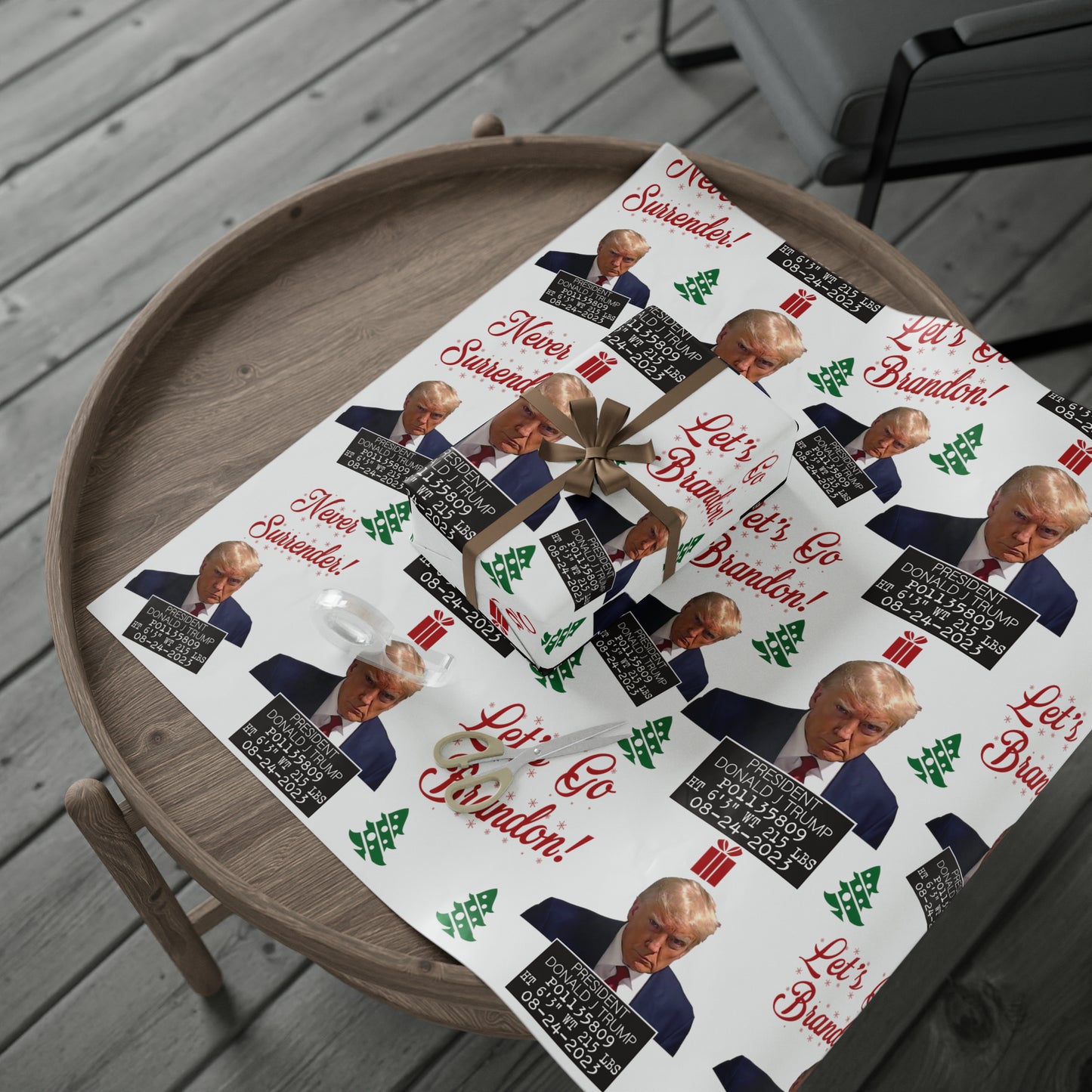 The Trump Mugshot Gift Wrap - Let's Go Brandon Gift Wrap - Santa Trump 2024 Never Surrender Wrapping Paper