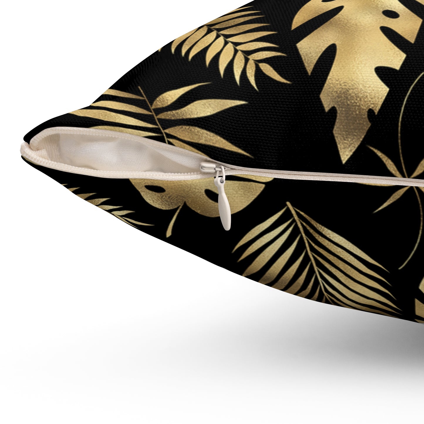 Gorgeous Print Black Gold Monstera Fern Leaves Spun Polyester Square Pillow